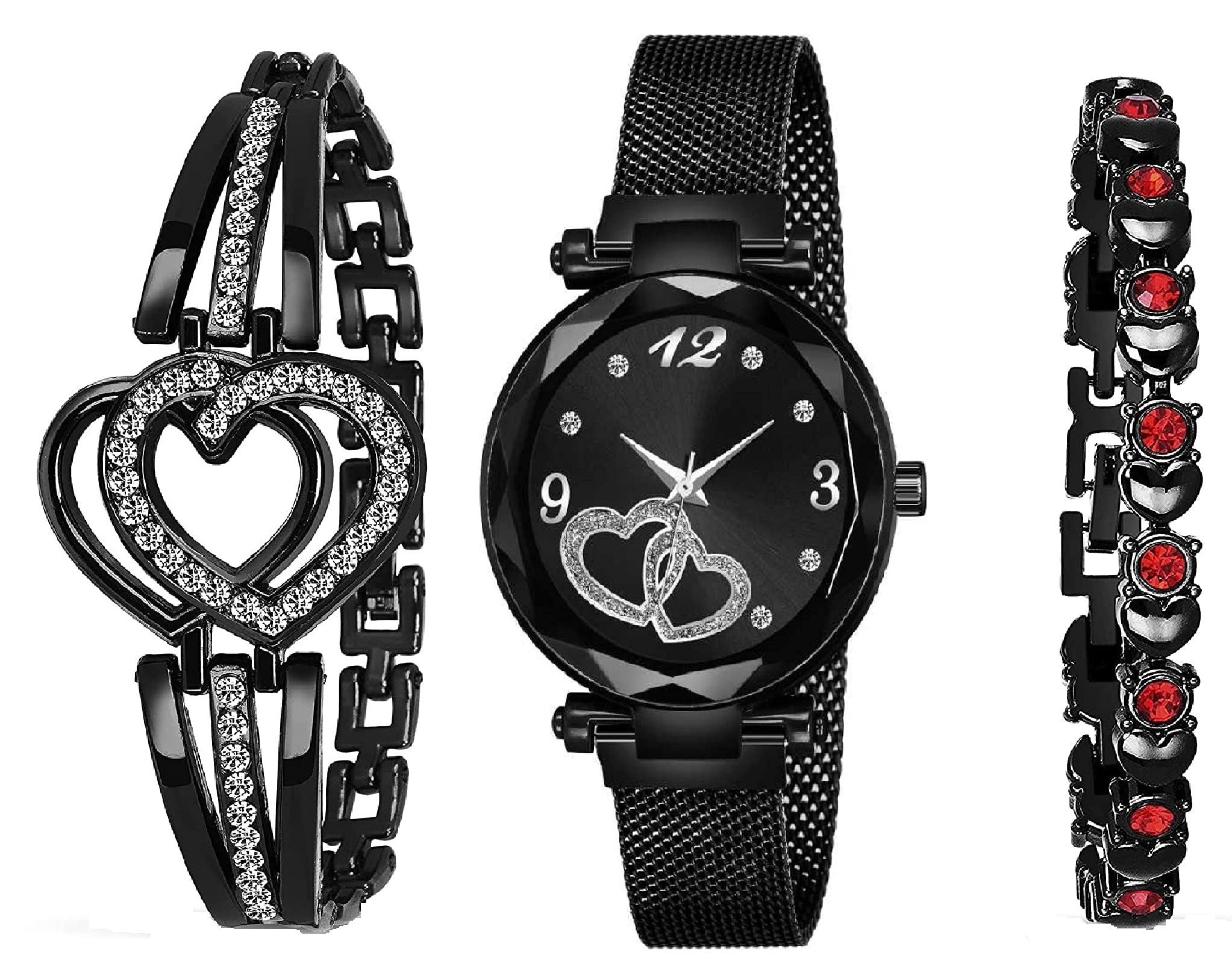 KIARVI GALLERY Branded Heart Dial Magnet Strap Analog Watch for Girls or Women and 2 Present Gift Bracelet Combo for Girls and Women(Combo of 3) (Black Red) (B09FQCTRYK) Amazon Price History, Amazon Price Tracker