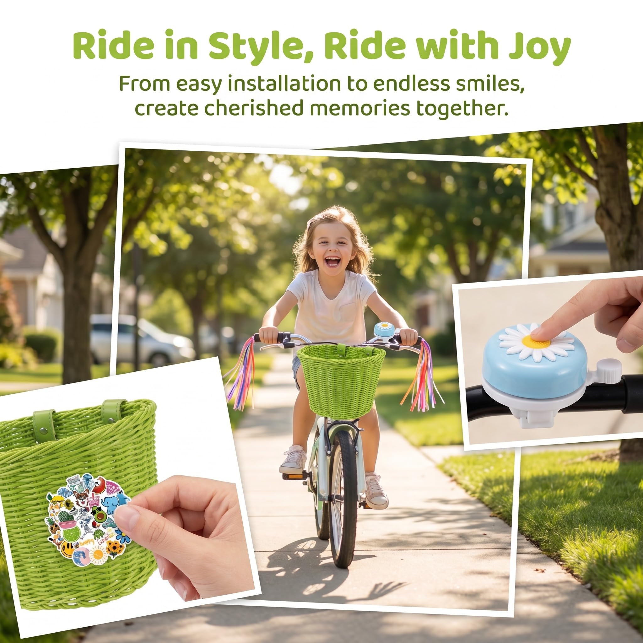 Panier de vélo avant pour enfants, accessoires de vélo pour filles et garçons, panier de vélo tissé avec autocollants, sonnette de vélo, moulin à vent et 1 paire de rubans colorés (panier vert)
