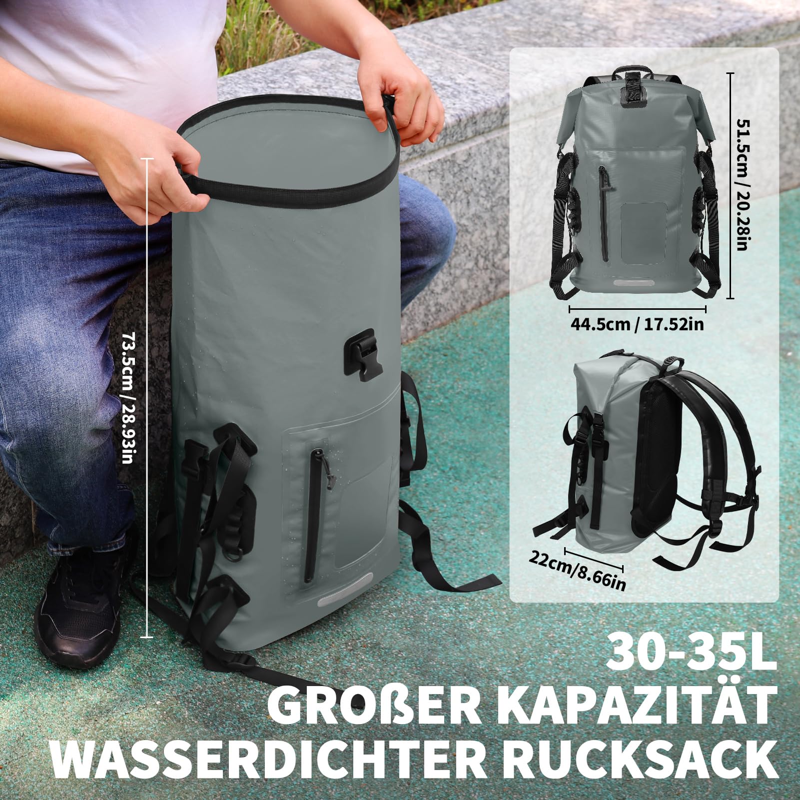 Wasserdichter Rucksack 30-35L, Rolltop Waterproof Backpack Mit Gepolstertem Tragegurt, Wasserdichtem Reißverschluss Wasserdichte Tasche, Dry Bag Für Wassersport Radfahren Outdoor Wandern (Grau)
