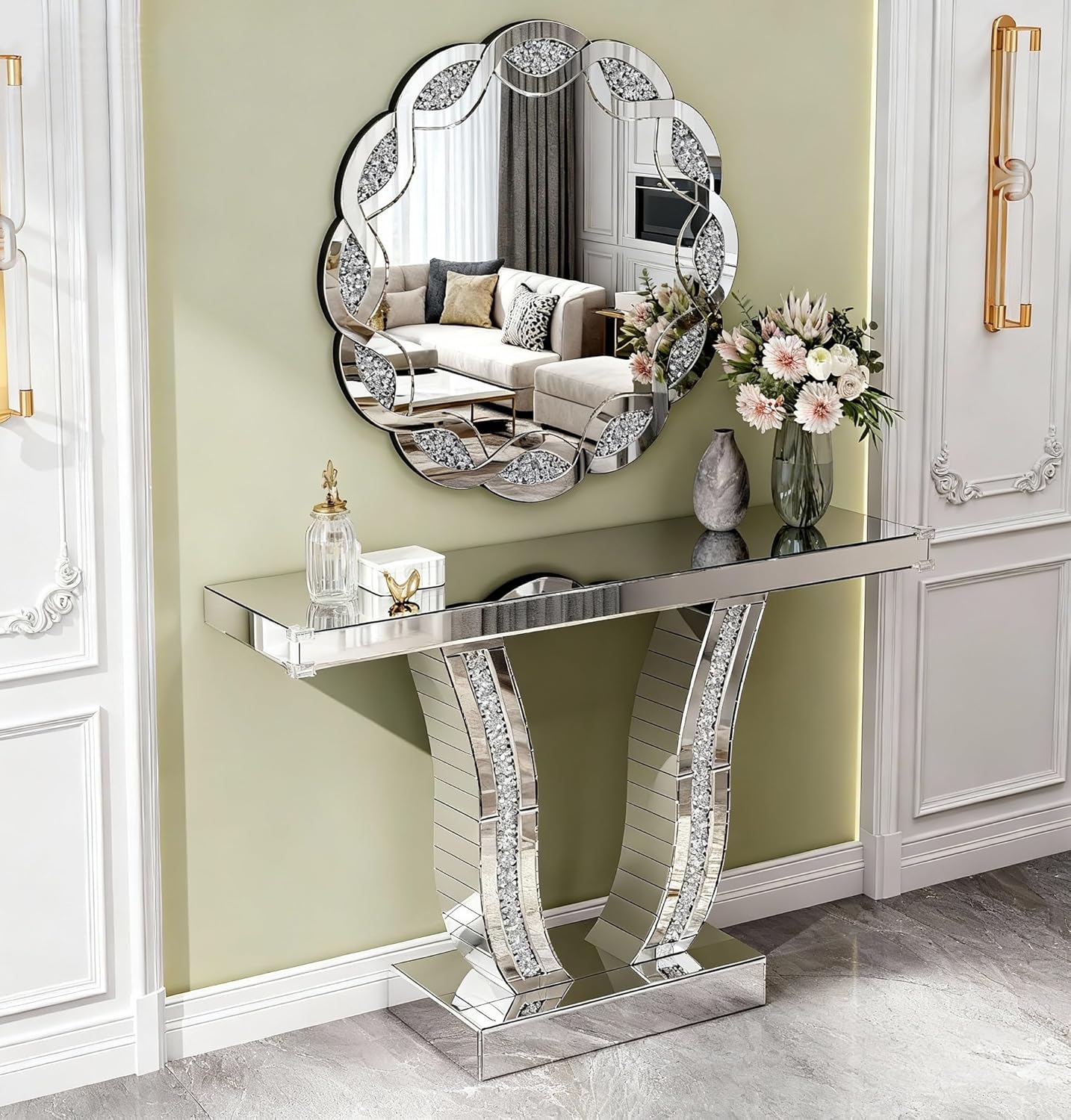 42.9" Silver Mirrored Console Table Rectangle Sofa Table with Sparkling Crystal O Shaped Base, Modern Luxury Mirrored Entryway Table with Diamond Glass Effects for Entryway Hallway Entrance