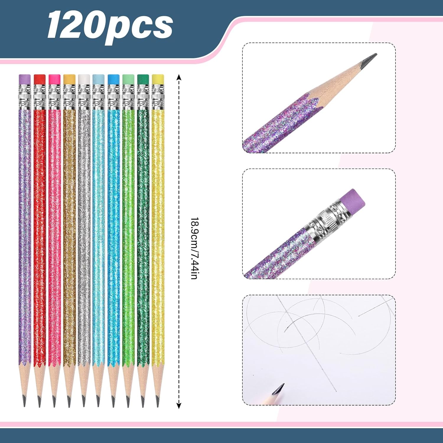 TecUnite 120 Pcs HB Pencils #2 Unsharpened Wood Cased Pencils with Eraser Hexagonal Pencil Cute Graphite No 2 Pen for Adults Gifts Exam School Office Sketching Learning (Glitter Series)