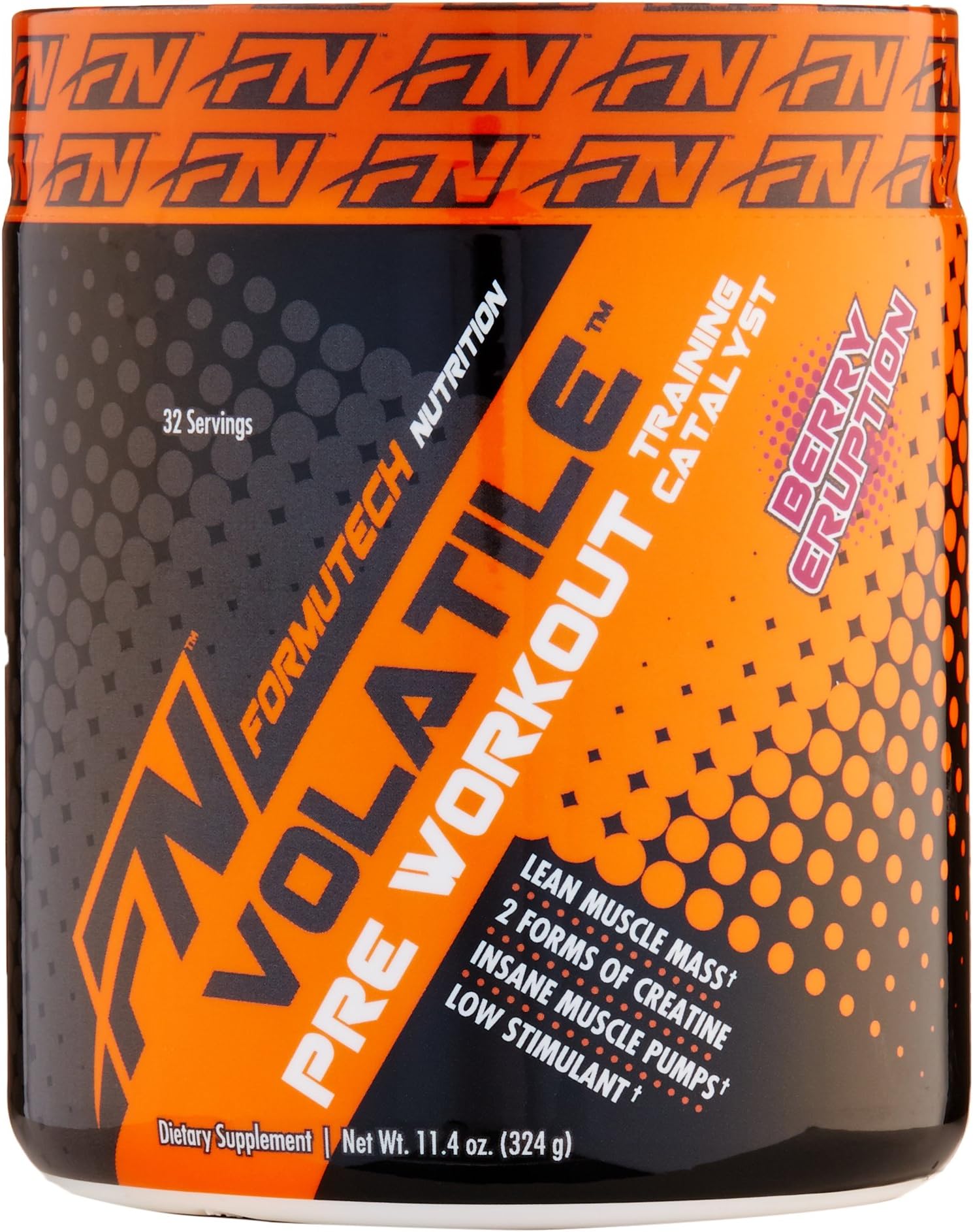 Formutech Nutrition Volatile Pre Workout Powder, 2 Forms of Creatine for Huge Muscle Pumps and Lean Muscle Mass, Low Stimulant Formula, Berry Eruption, 32 Serving