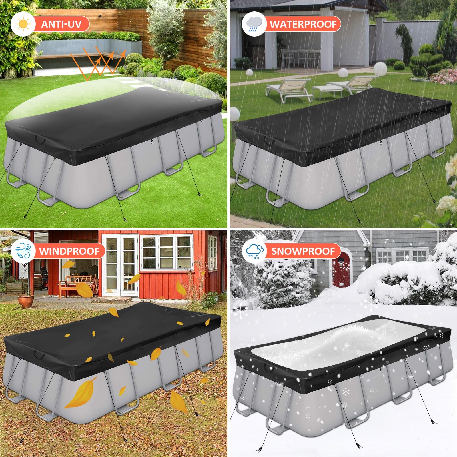 Telo Piscina Rettangolare 420D 305x205x30cm 300x200cm con Cordino | Nero, con cordino e picchetti da terra, impermeabile, anti-UV, resistente agli strappi, estate/inverno, per INTEX e BESTWAY
