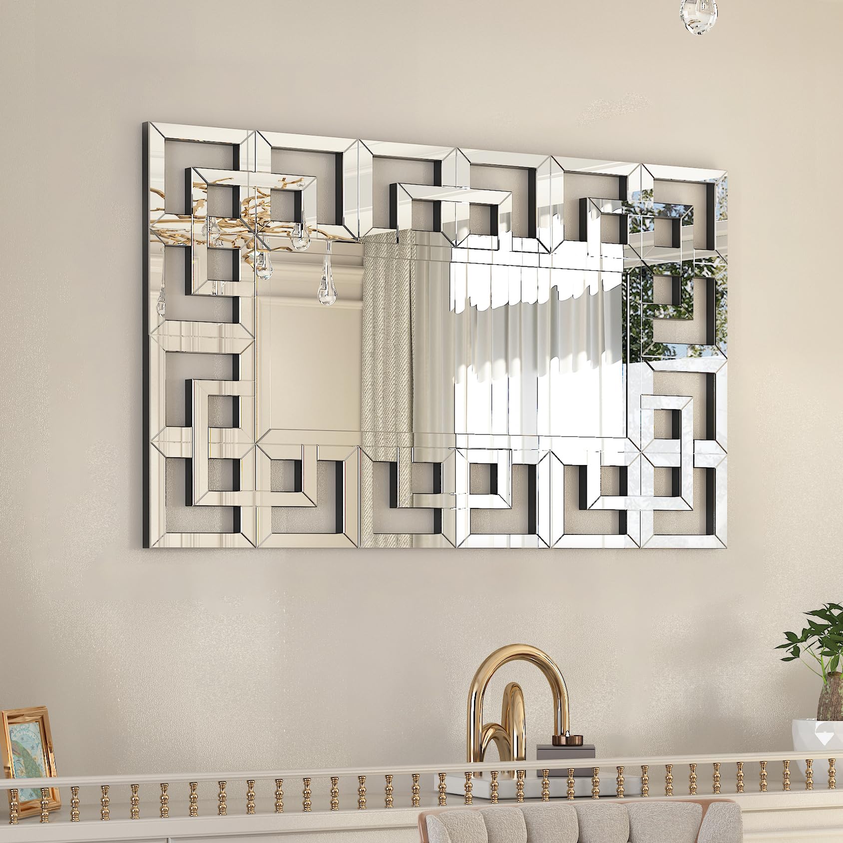 Espejo Pared Biselado Decorativo: 100 x 70cm Espejo Grande Plateado Rectangular Moderno Elegante Artístico Decoración para Entrada Recibidor Salon Comedor