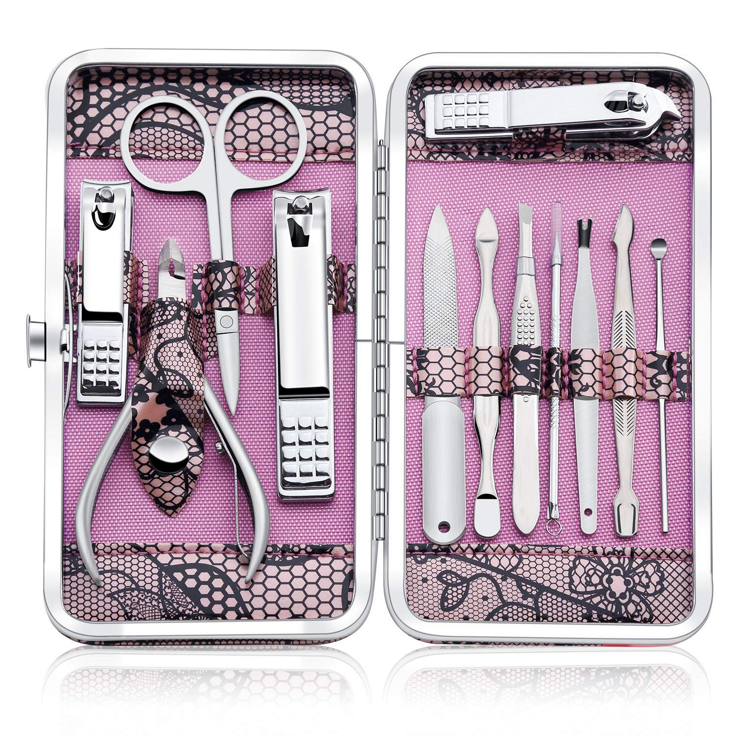 Professional Stainless Steel Nail Clipper Set Nail Tools Manicure & Pedicure Set of 12pcs - Travel & Grooming Kit with Luxurious Case