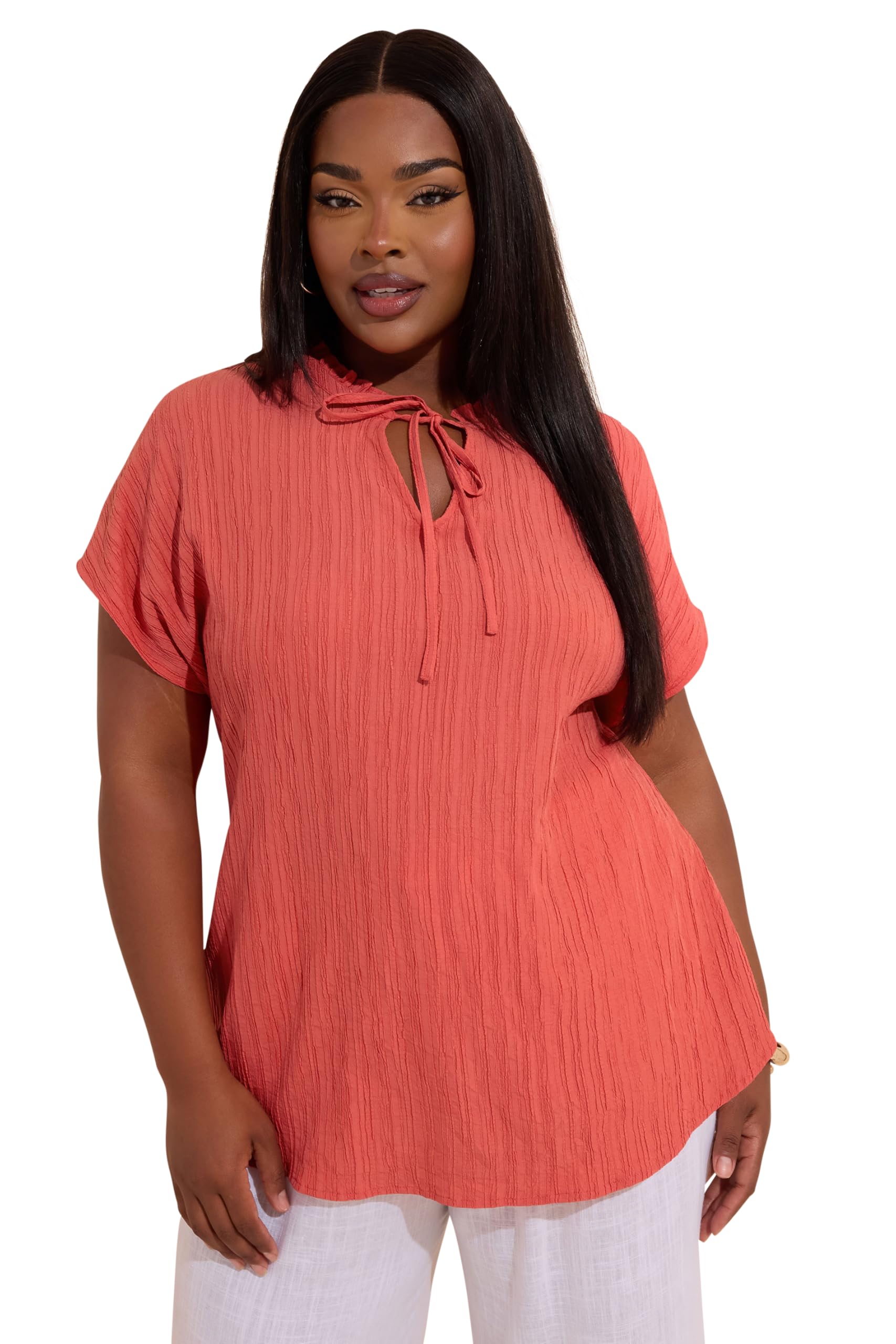 Yours Curve Orange Textured Frill Neck Top - Women's - Plus Size Curve