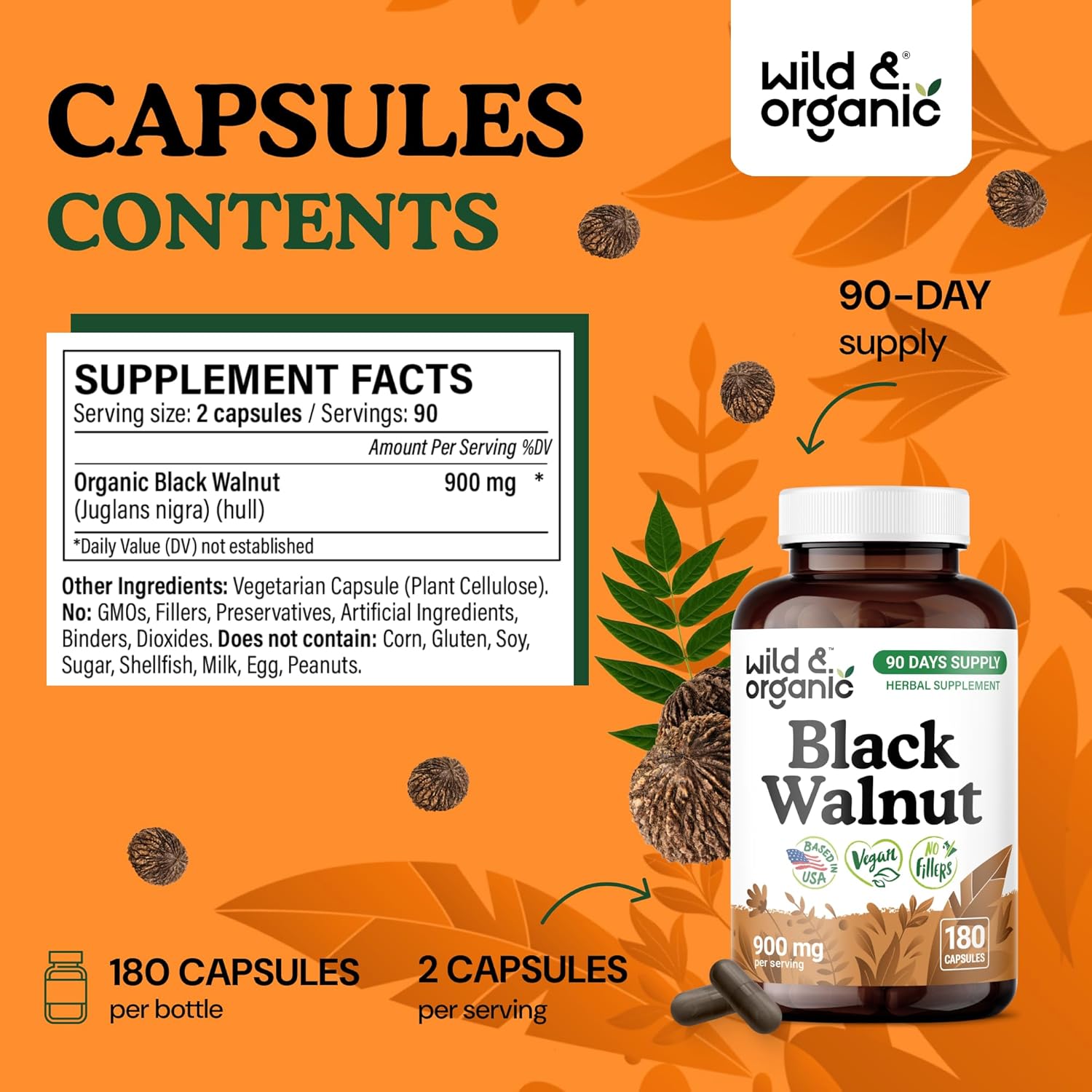 Wild & Organic Black Walnut Hull Capsules 900 mg - Detox & Cleanse Support - Black Walnut Supplement - Juglans Nigra Herb Powder - 90 Days of Supply - Vegan, No Fillers, Non-GMO - 180 Count
