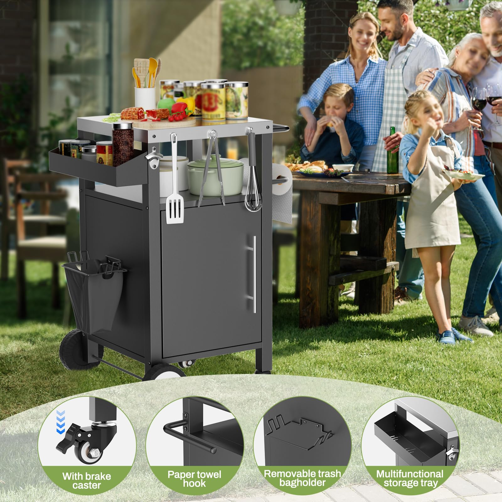 Carrello per griglia per barbecue da esterno con ganci per carrello e portaspezie per accessori per grigliare, nero