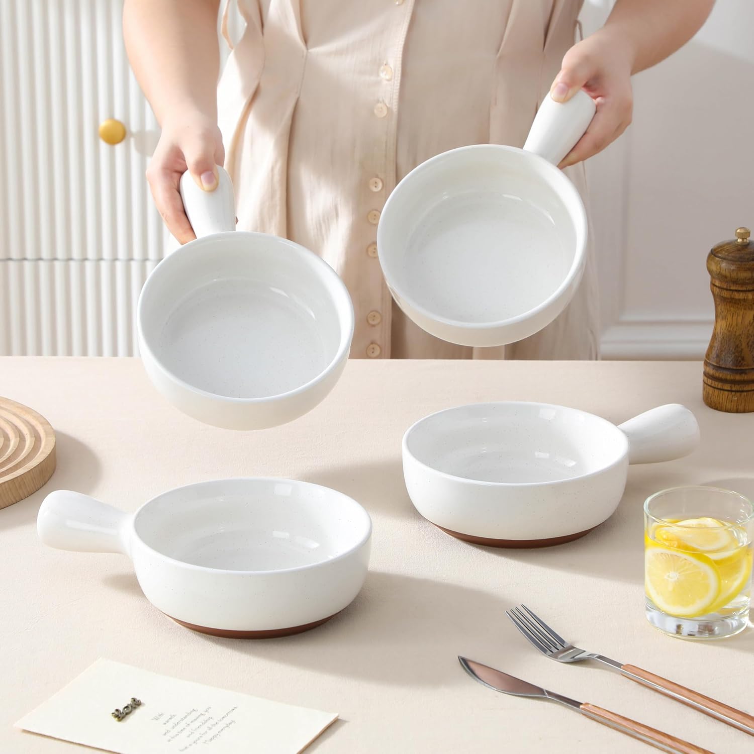 MALACASA 23 Oz French Onion Soup Bowls With Handles, Ceramic Soup Crocks for Cereal, Pasta, Beef Stew, Chilli, Oven Microwave Dishwasher Safe, Set of 4, White, Series TARA - Image 8