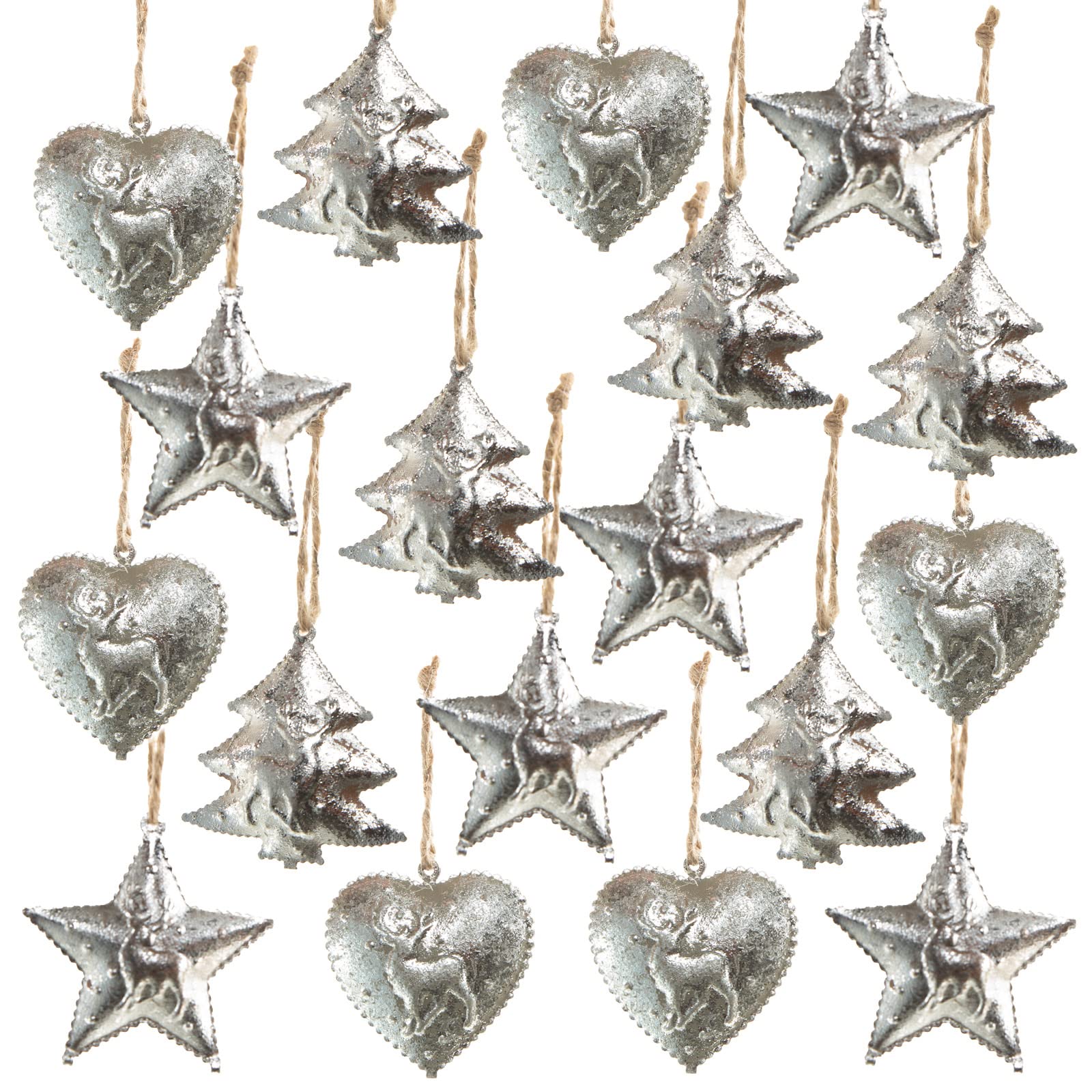 Logbuch-Verlag Set de 18 Adornos Colgantes de Metal Plateado corazón, Estrella y árbol de Navidad 5 cm - decoración Colgante de Navidad de Metal guirnaldas diciembre
