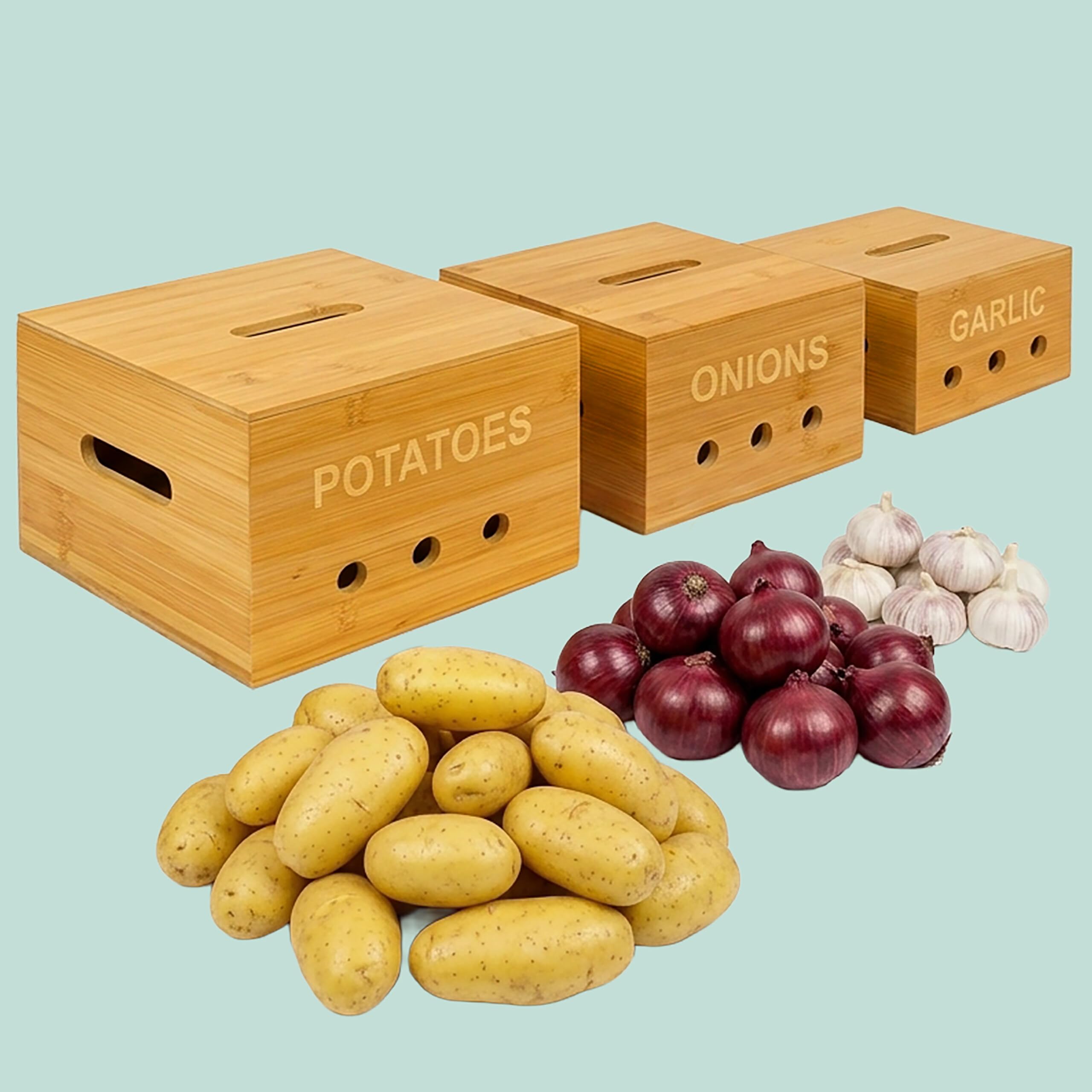 Relaxdays Cajas de almacenamiento de bambú natural, 3 tamaños, cocina | para patatas, cebollas y ajo