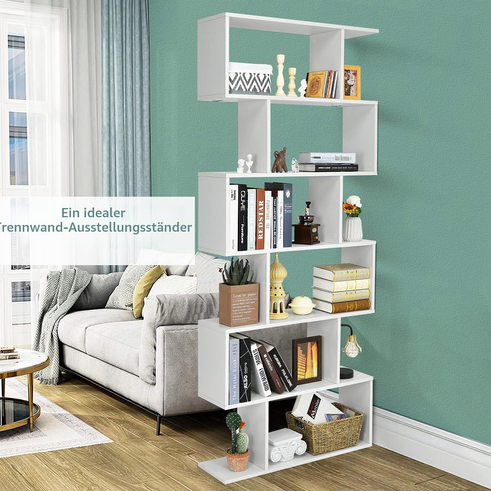 GIANTEX Bücherregal 6 Ebenen, Standregal Büroregal Holz, Aktenregal freistehend, Ausstellungsregal Lagerregal schmal im Industrie Design, Holzregal Allzweckregal in S-Form (weiß)
