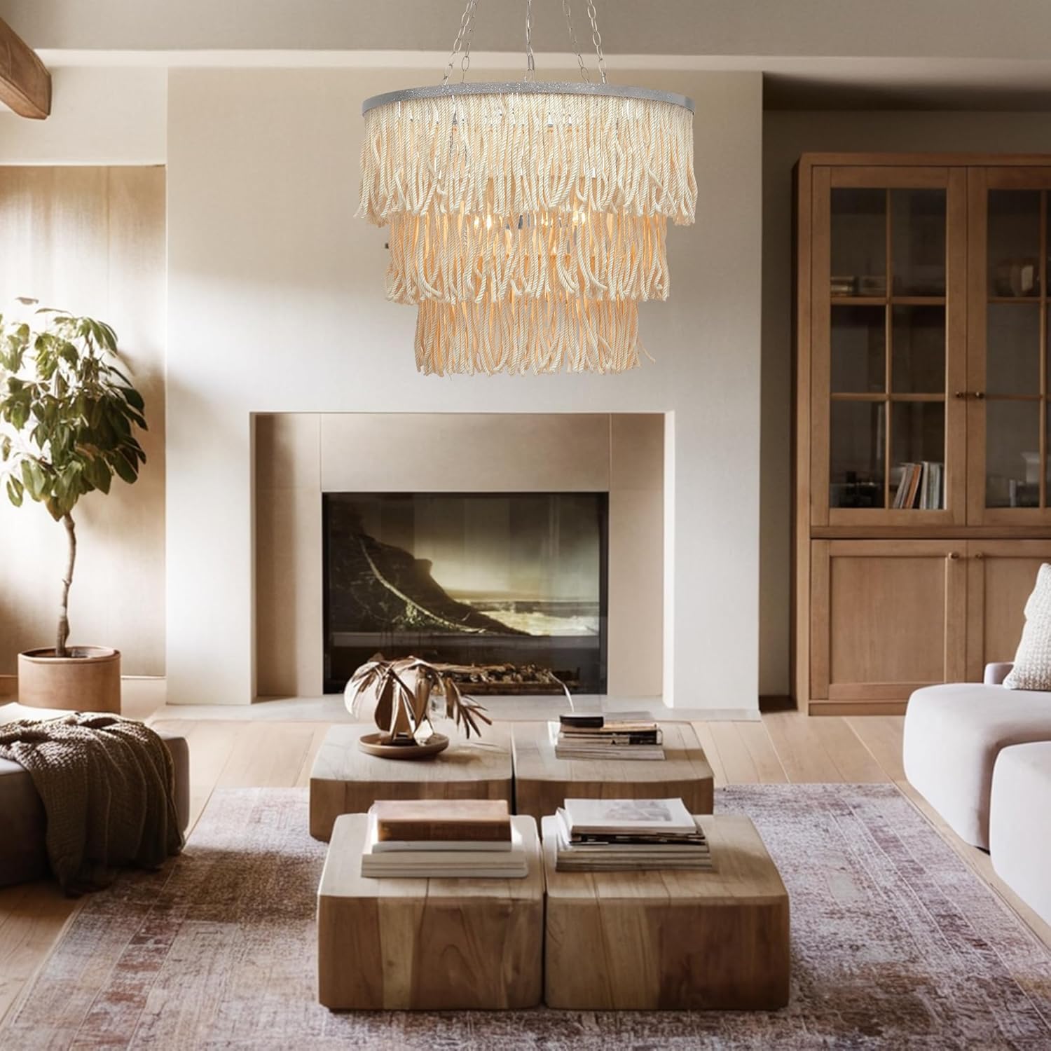 30 Inch 3-Tier Boho Hand-Weaved Fringe Chandelier, Bleached Jute Fringe Hanging Light with Silver Metal Frame, Elegant Light Fixture for Dining Room, Bedroom, Living Room