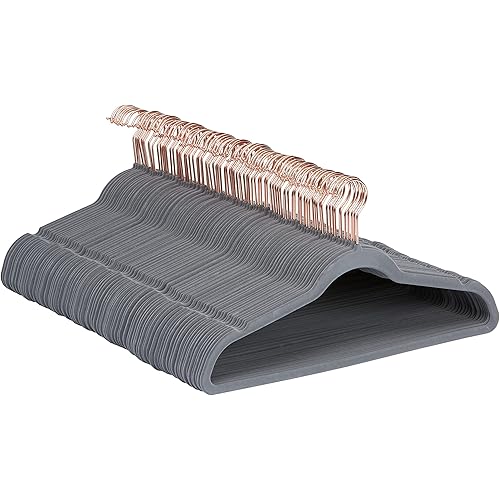Amazon Basics Slim, Velvet, Non-Slip Suit Clothes Hangers, Grey/Rose Gold - Pack of 100