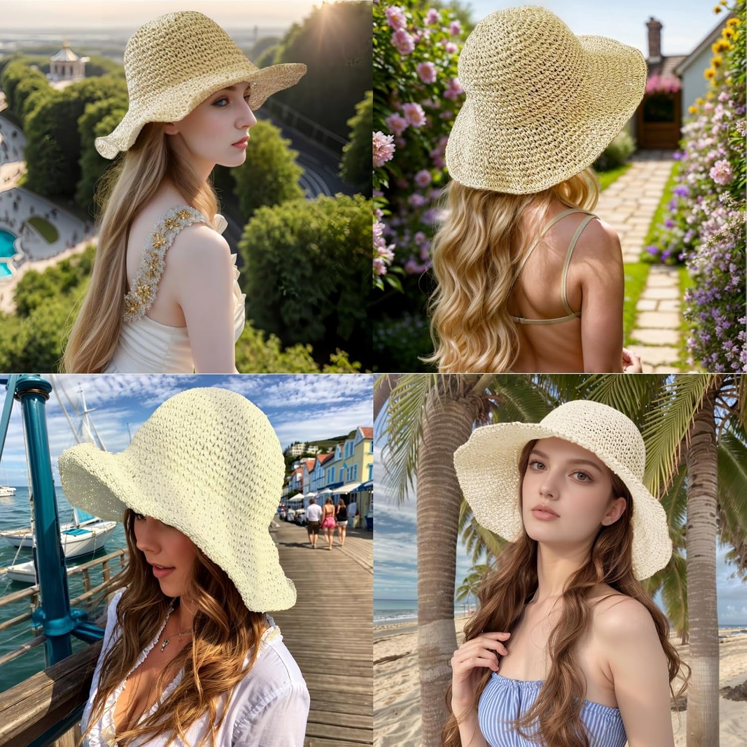Womens Straw Beach Sun Hats, Foldable Packable Floppy Handmade Crochet Hats for Women,Large Summer Vacation Wide Brim Hat - Image 3