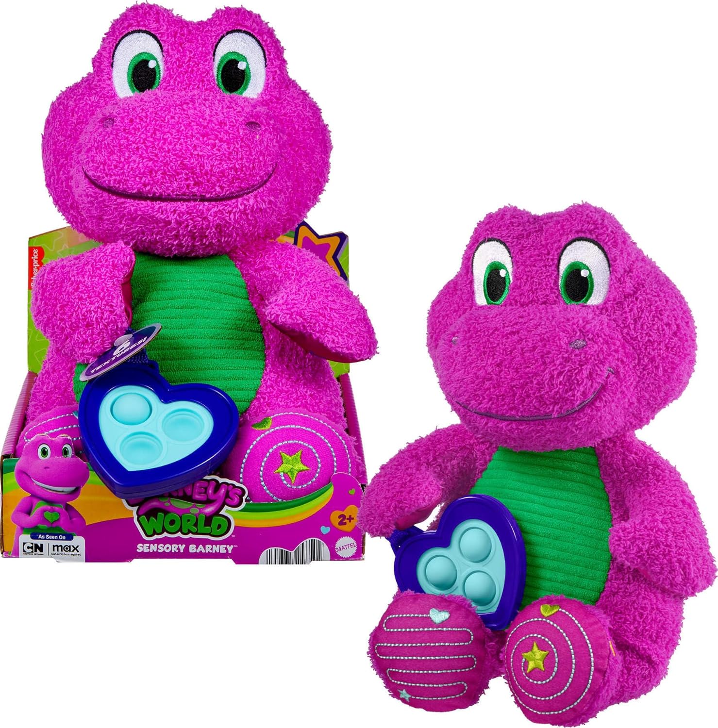 Fisher-Price Barney’s World Toddler Toy Sensory Barney 12.75-Inch Plush with Fidget Activity & Textured Details for Kids Ages 2+ Years
