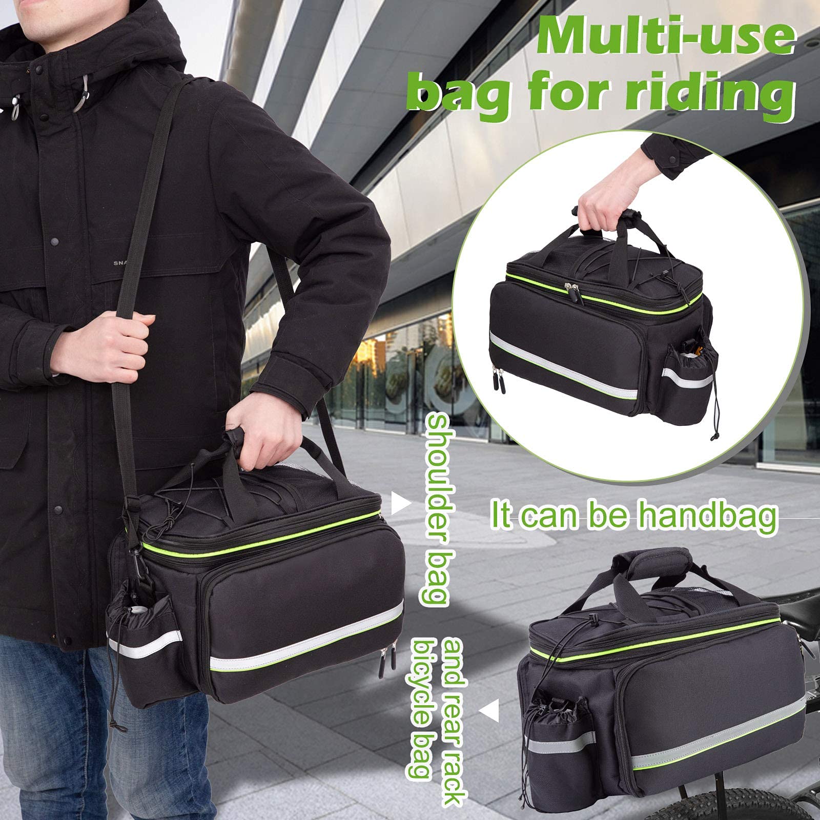 UBORSE Borsa Posteriore Cremagliera per Bicicletta, borsa bici Borsa Bagagli per Bici Portapacchi Scalabile Grande Capacità, Borsa da Viaggio Multifunzionale Riflettenti con Manico e Tracolla (nero-1)