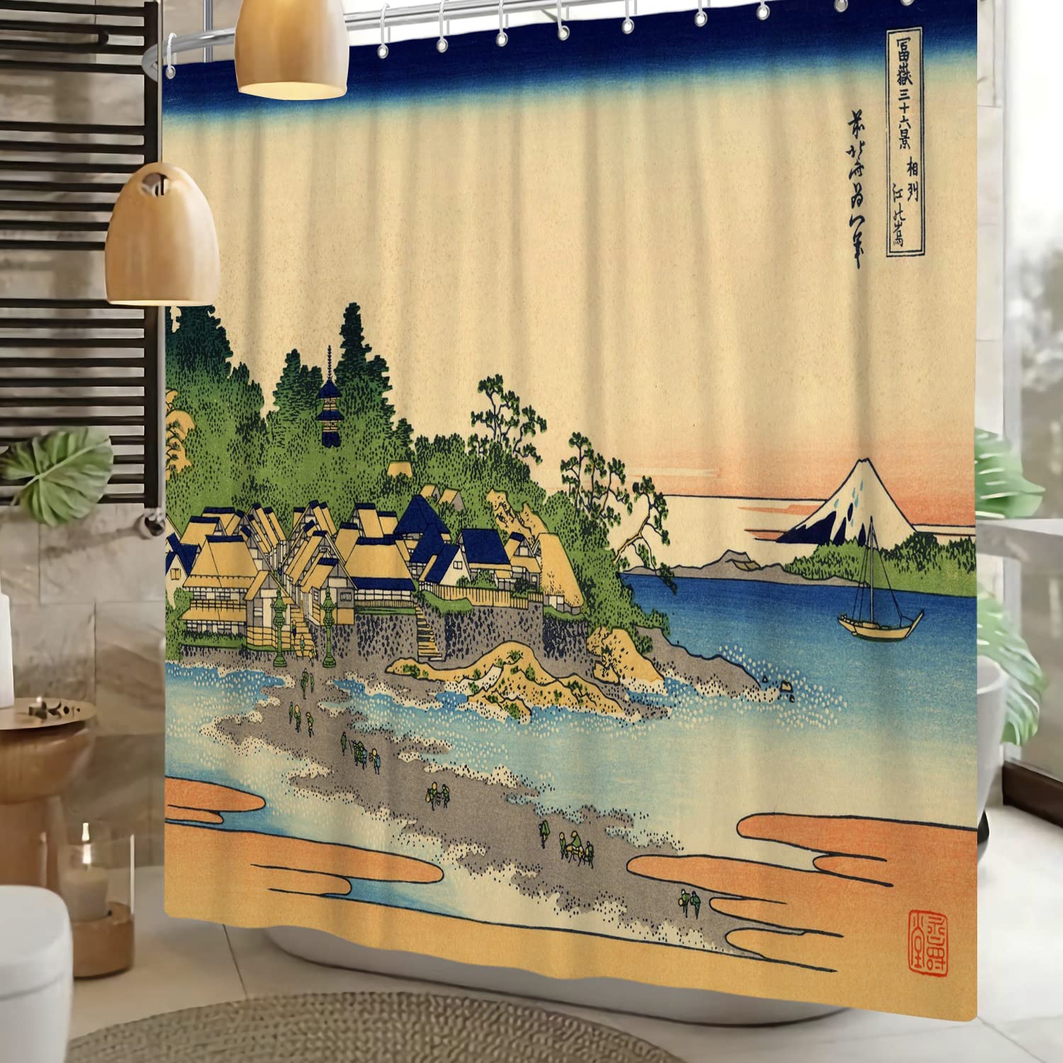 SDOTPMT 48x72inch Mount Fuji Scenery Shower Curtain Japanese Cottage Ocean Beach Orient Traditional Ethnic Anime Bath Curtain Kanagawa River Shower Curtain for Bathroom Polyester with Hooks - Image 2