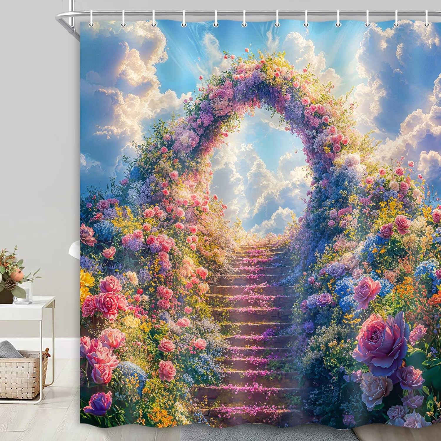 Colorful Flower Shower Curtain Spring Summer Blue Sky and White Clouds Water Color Floral and Leaves Botanical Bathroom Decor Waterproof Fabric Shower Curtain Set with Hooks 71x84inch.
