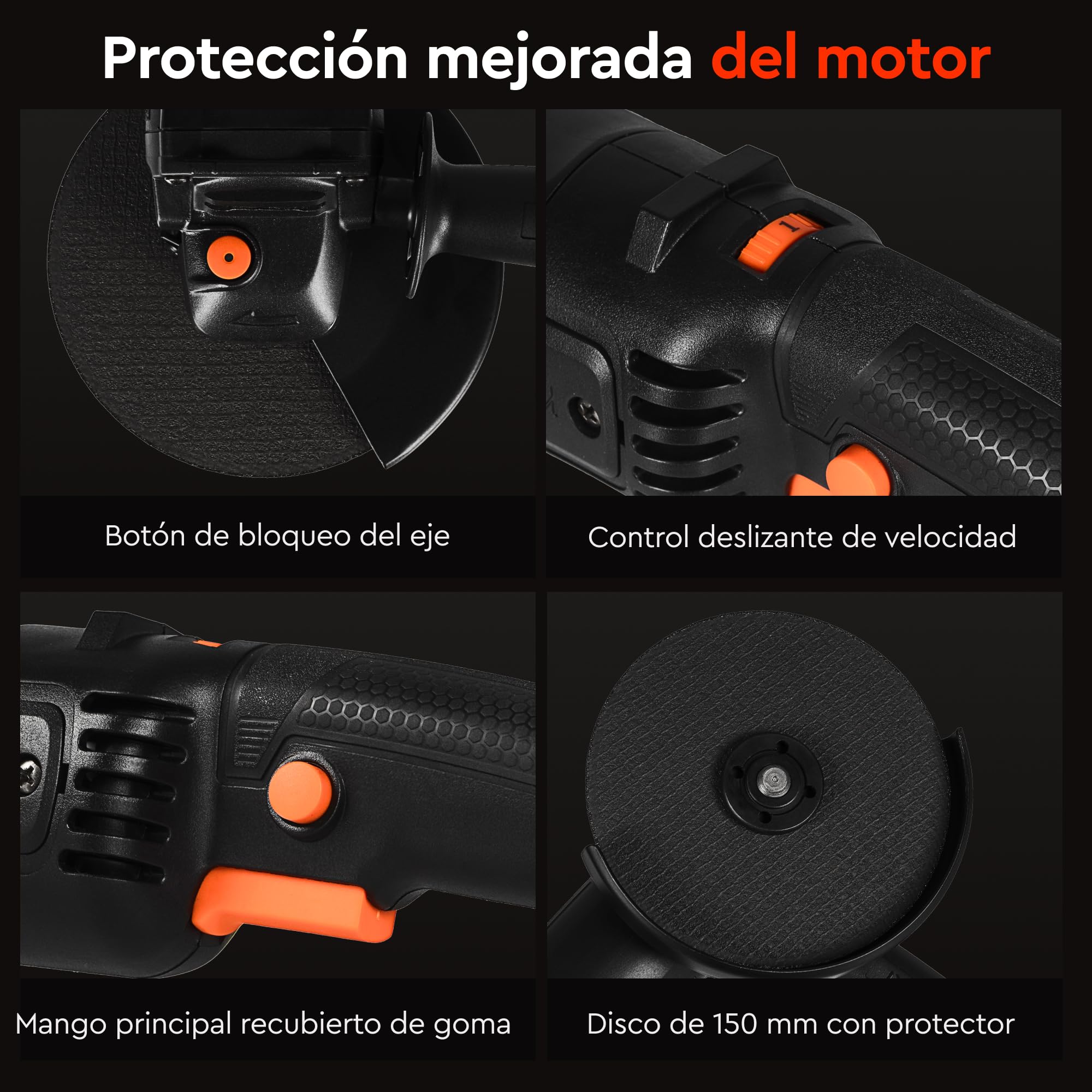 Amoladora Angular 1100W 150mm, Radial Eléctrica con 6 Velocidades (5.500–10.500 RPM), Constant Power, Soft Start, M14, para Metal, Hormigón y Piedra. GL-160SE