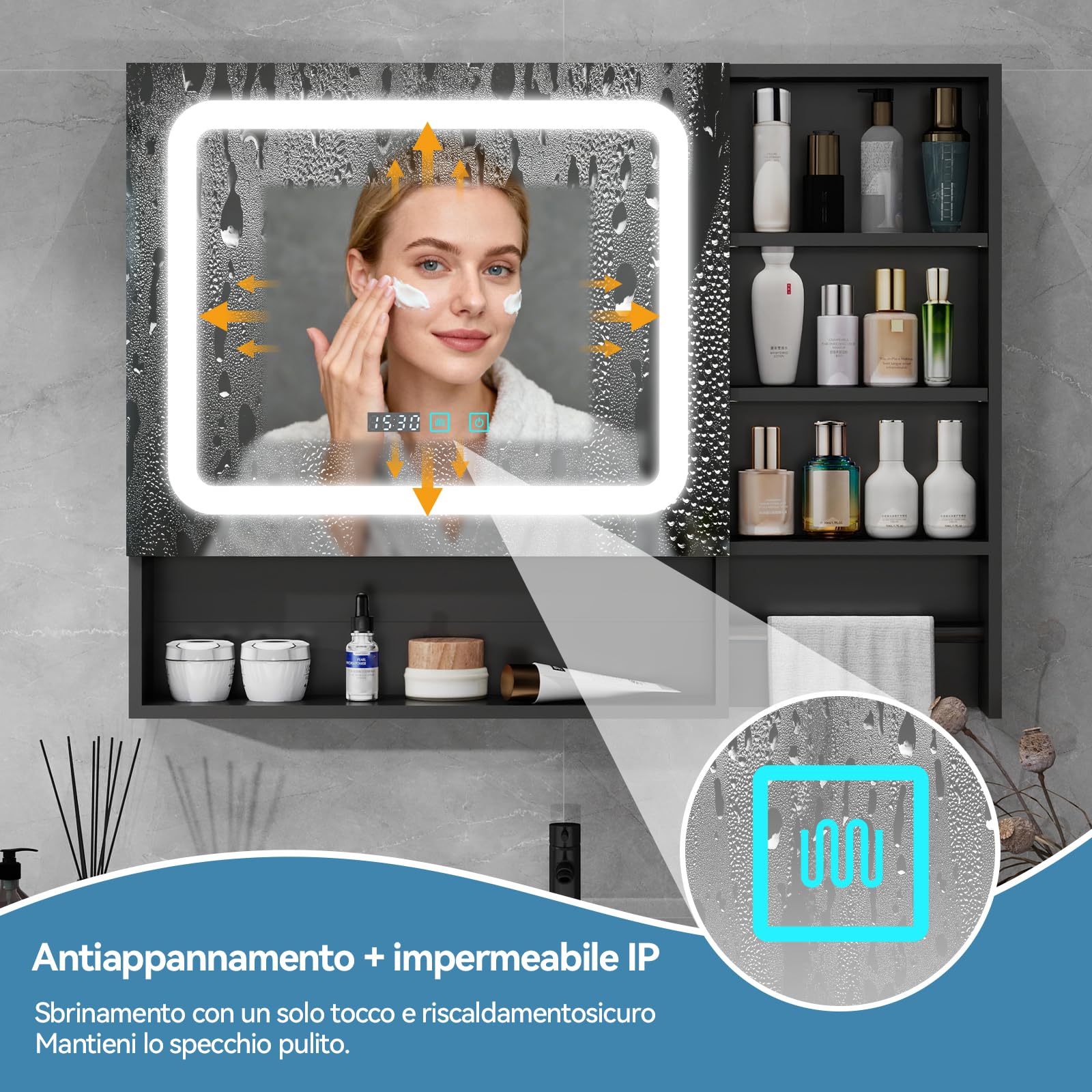 YU YUSING Specchio Contenitore Bagno con Luce LED e Portasciugamani, Nero