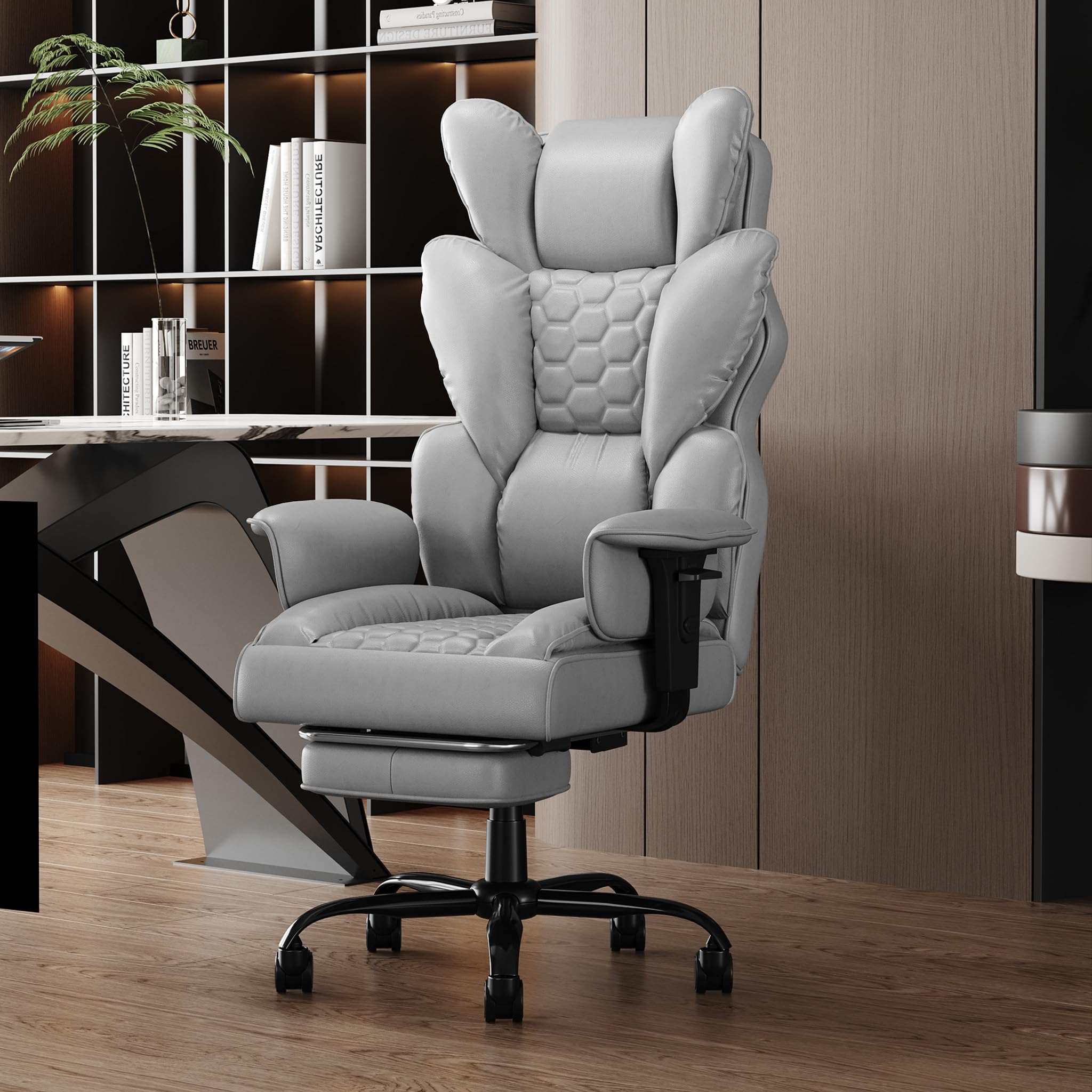 ACXIN Ergonomischer Chefsessel Bürostuhl PU-Leder mit hoher Rückenlehne, 150° verstellbar, verstellbare Armlehnen & Fußstütze für Büro, Homeoffice & Gaming (Grau, Belastbarkeit 150 kg)