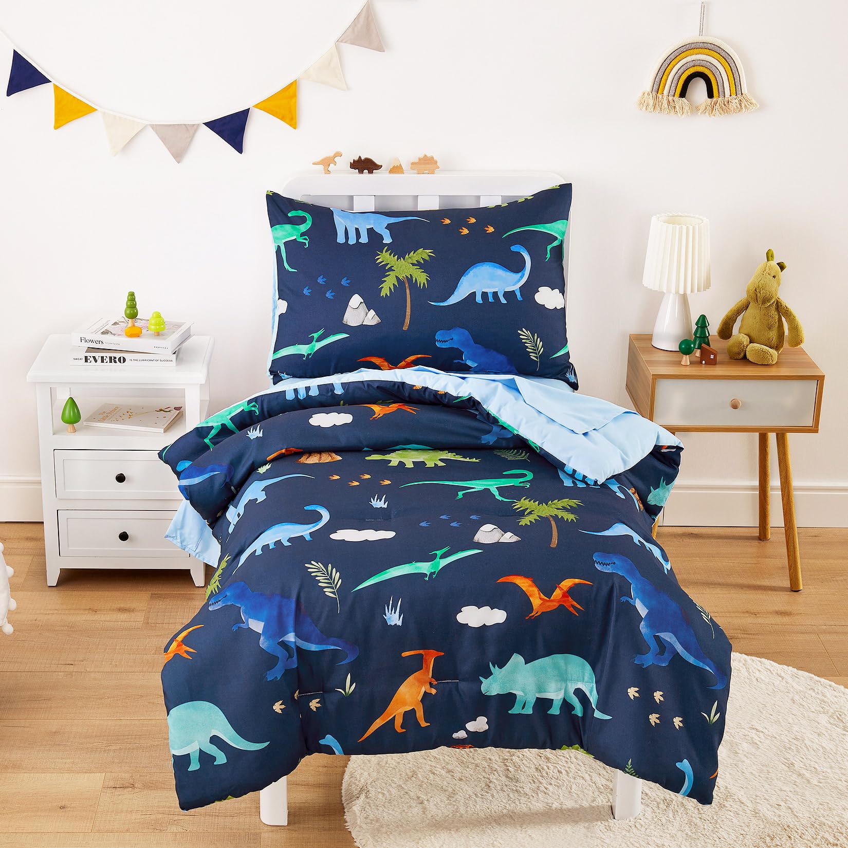 Wake In Cloud - Toddler Bedding Set for Boys, 4 Pieces Soft Crib Bed Set Including Comforter, Fitted Sheet, Flat Top Sheet and Pillowcase, Colorful