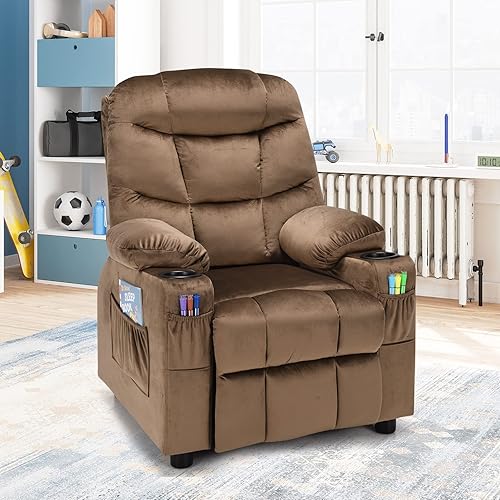 Miniatura 27 de COSTWAY Silla reclinable para niños más grandes, reclinable ajustable con 2 portavasos, 1 bolsillo lateral, 2 bolsillos delanteros, reposapiés,
