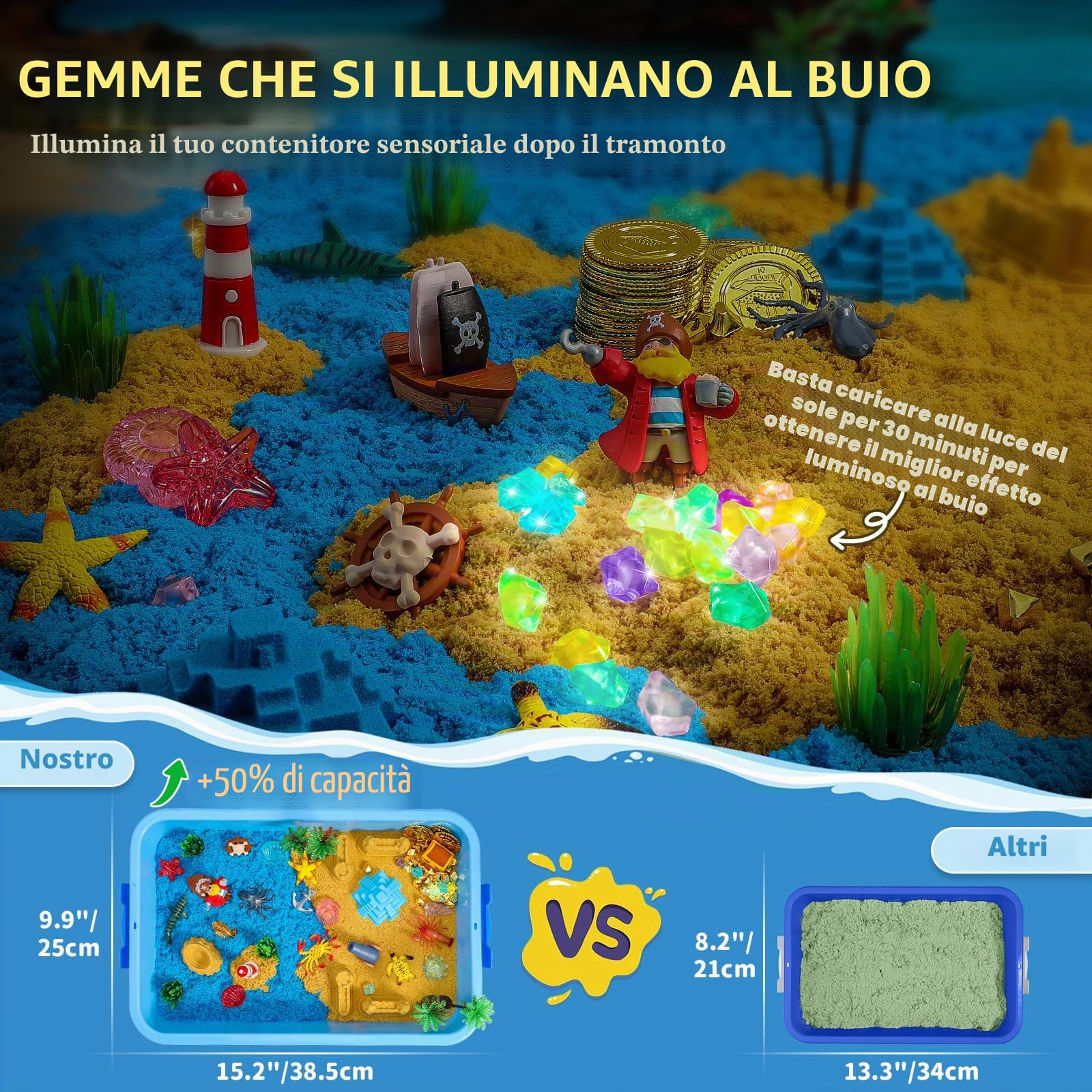 KNASON Sabbia Giocattolo per Bambini,Scrigno del Tesoro Pirata Kit di Sabbiera con 1KG Sabbia Magica,Illuminano al Buio Gemme e Mappa,Regalo di Natale e Compleanno per Bambini 3 ai 8 Anni
