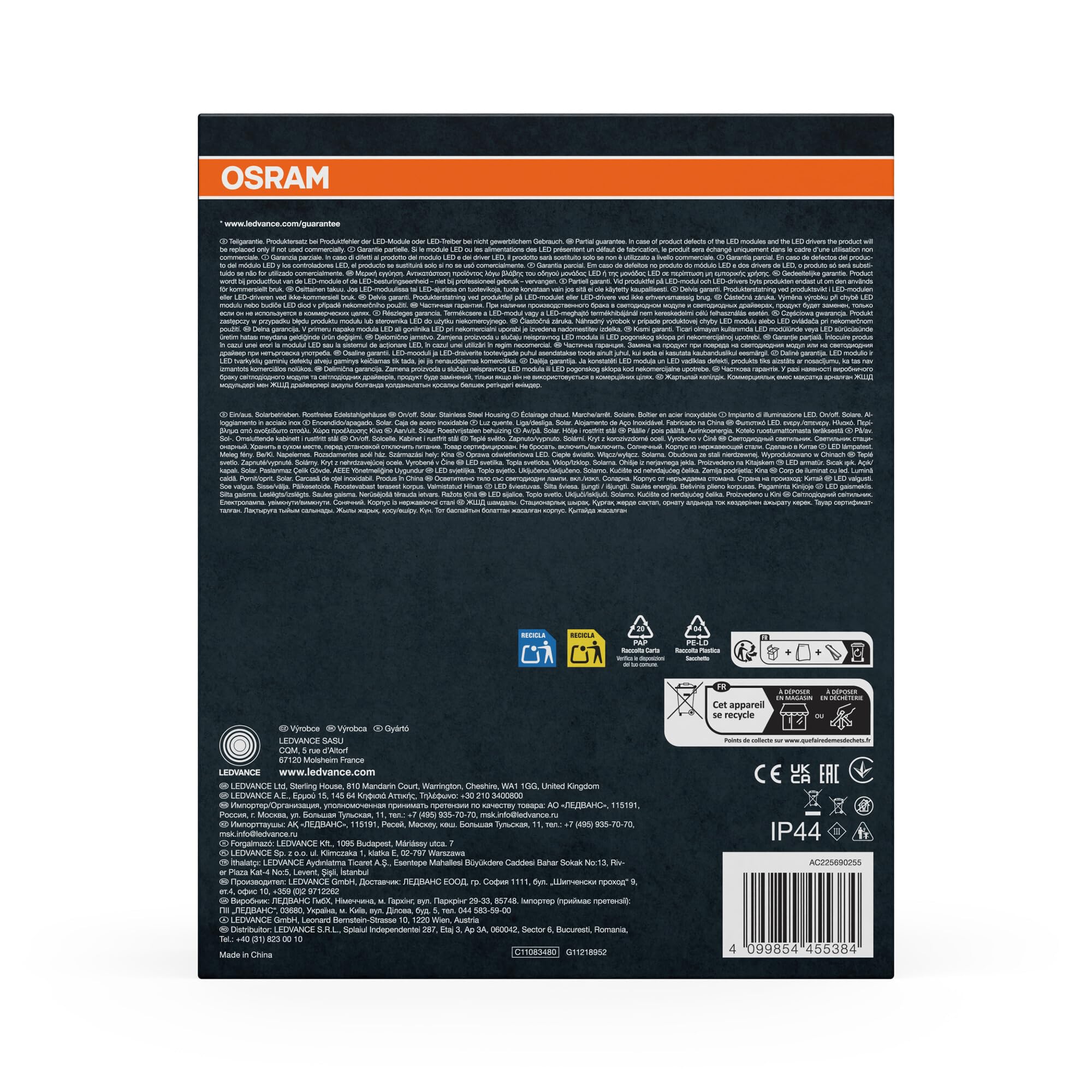 Osram Applique extérieure LED solaire ENDURA Style noire, capteur de mouvement et de lumière, 3 modes, IP44, design moderne pour jardin et terrasse