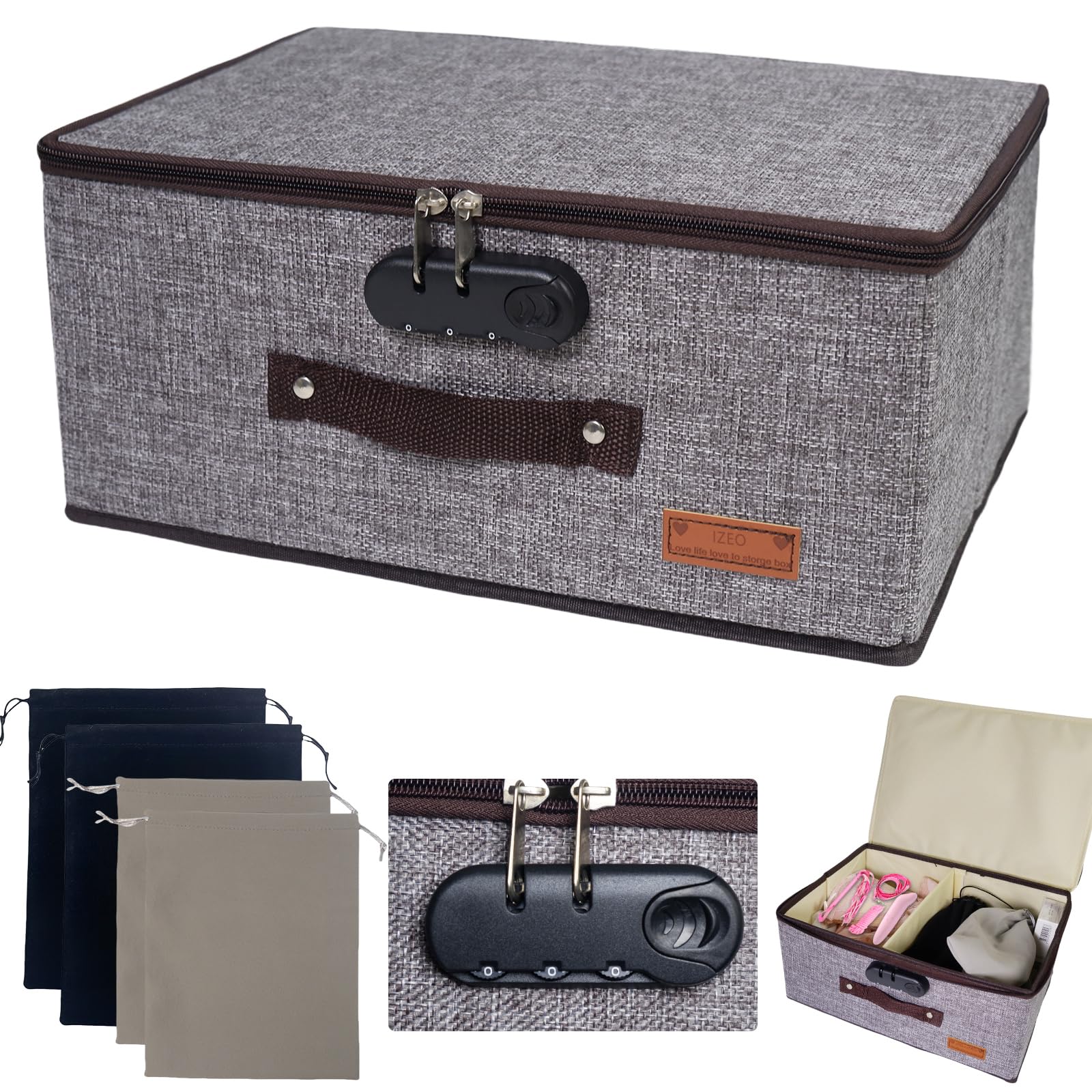 Photo 1 of ***DAMAGED - SEE NOTES/PICTURES***IZEO Lockable Adult Toy Storage Organizer Lock Box Toy container case with 4 Drawstring Bags, Large capacity 14 x 10 x 6.3 Inches Lockable Box Travel Home Container (Gray)