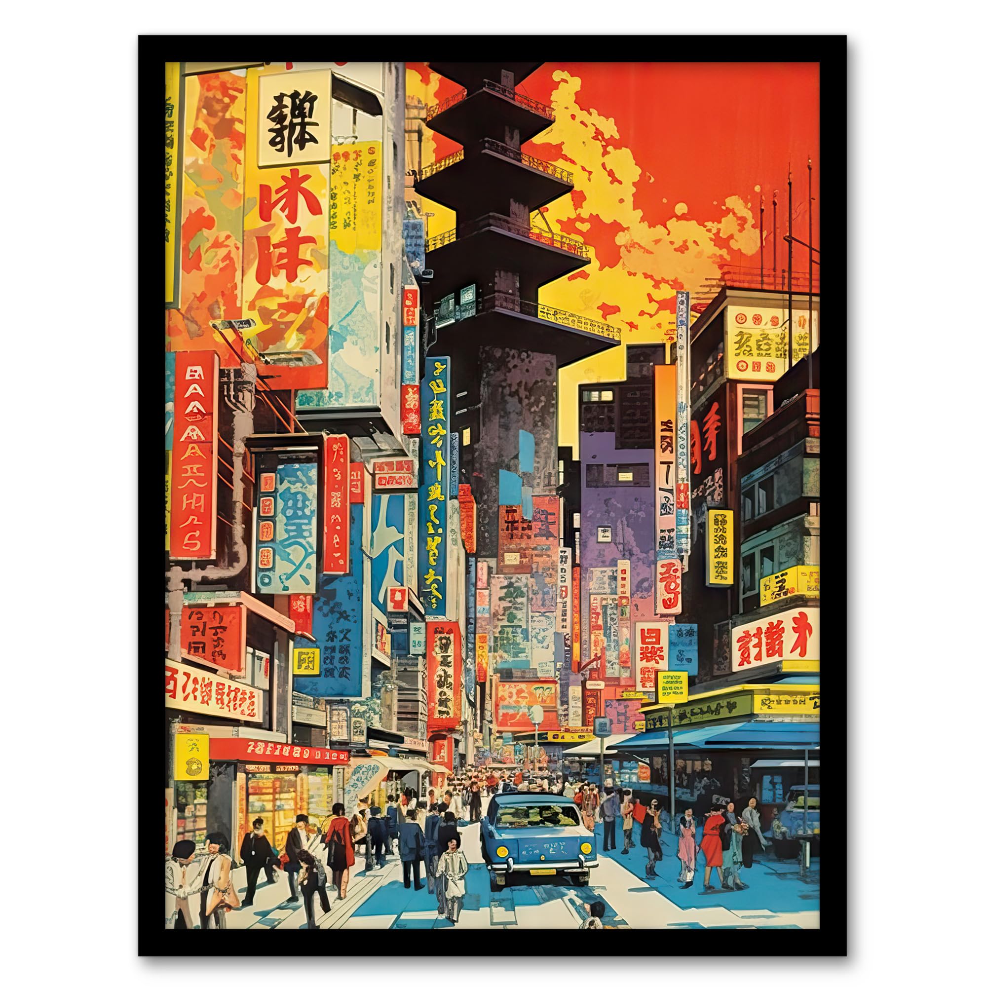 Artery8 Downtown Tokyo Street Scene 1960's Orange And Yellow Vibrant Bold Bright Colourful Painting Artwork Framed Wall Art Print 18X24 Inch