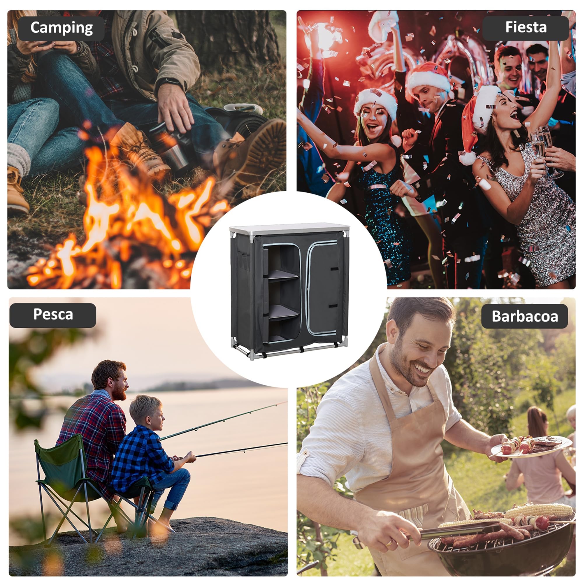 Outsunny Armario de Camping Plegable Mueble de Cocina para Camping con 3 Estantes Compartimento Puerta con Cremallera Estructura de Aluminio y Bolsa de Transporte para Exterior 96x49,5x104 cm Gris