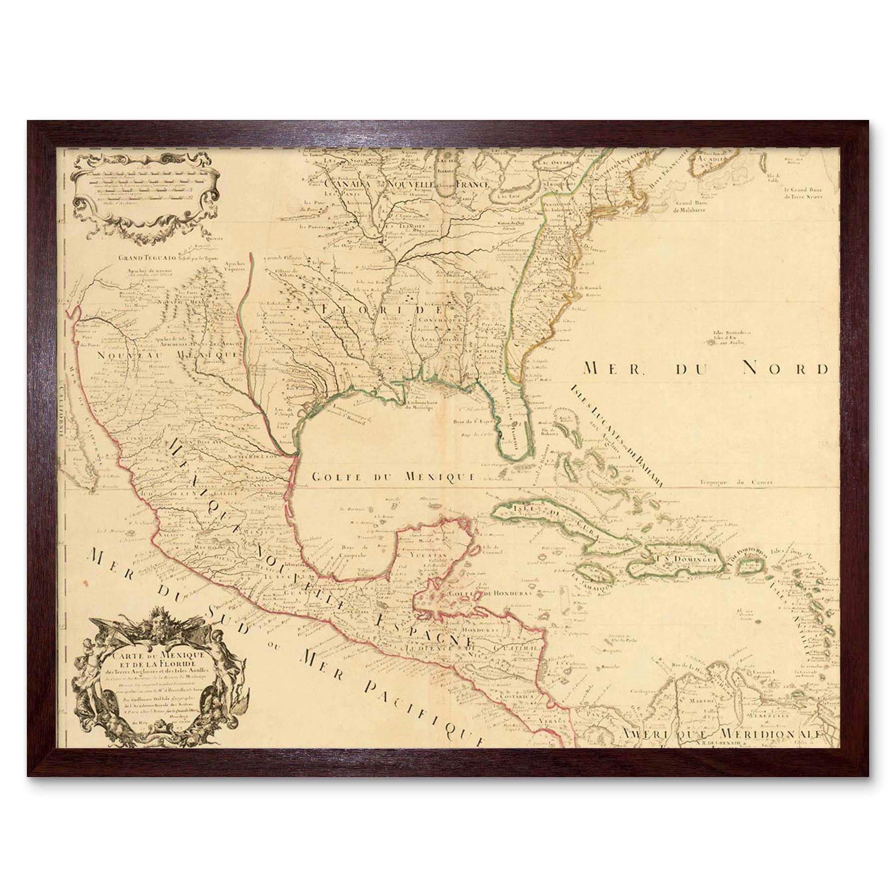 Wee Blue Coo Map Antique 1703 Mexico Caribbean Islands USA Gulf Ocean France Art Print Framed Poster Wall Decor 12X16 Inch