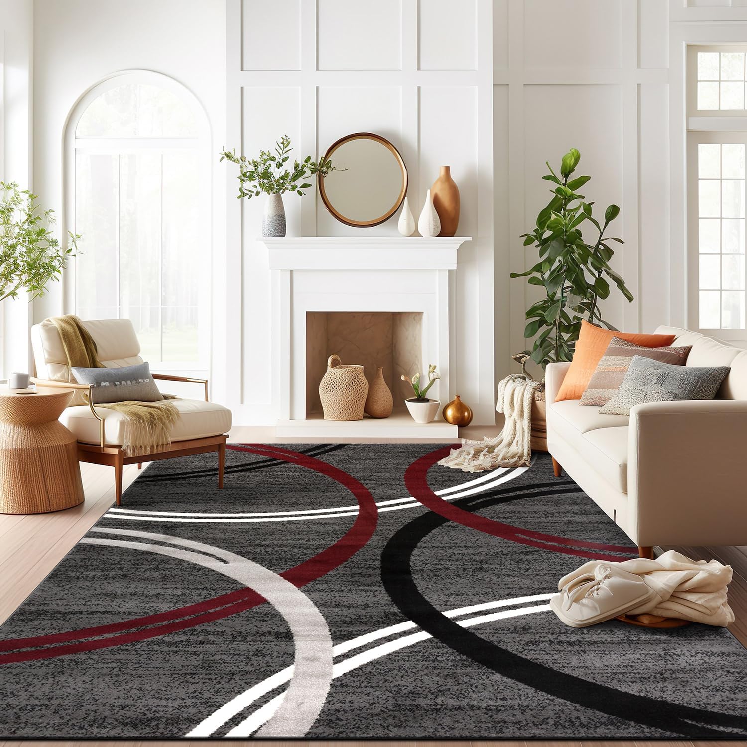 Rugshop Modern Wavy Circles Design Non-Shedding Area Rug, Carpet for Living Room or Dining Room, Grand Room,Open Spaces Red, 8'8" x 12'