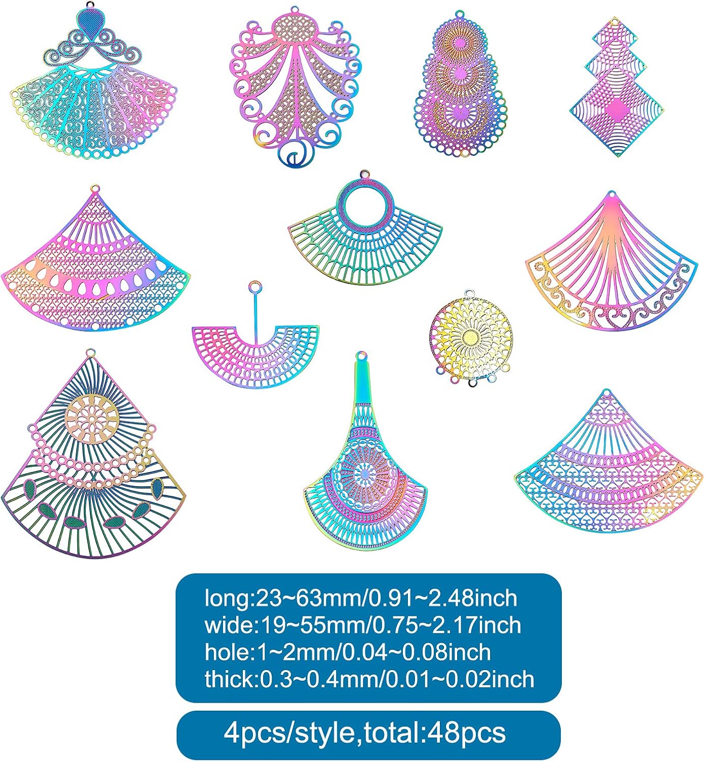FASHEWELRY 48Pcs Stainless Steel Fan Filigree Charms Pendants Rainbow Etched Metal Embellishments for DIY Jewelry Making