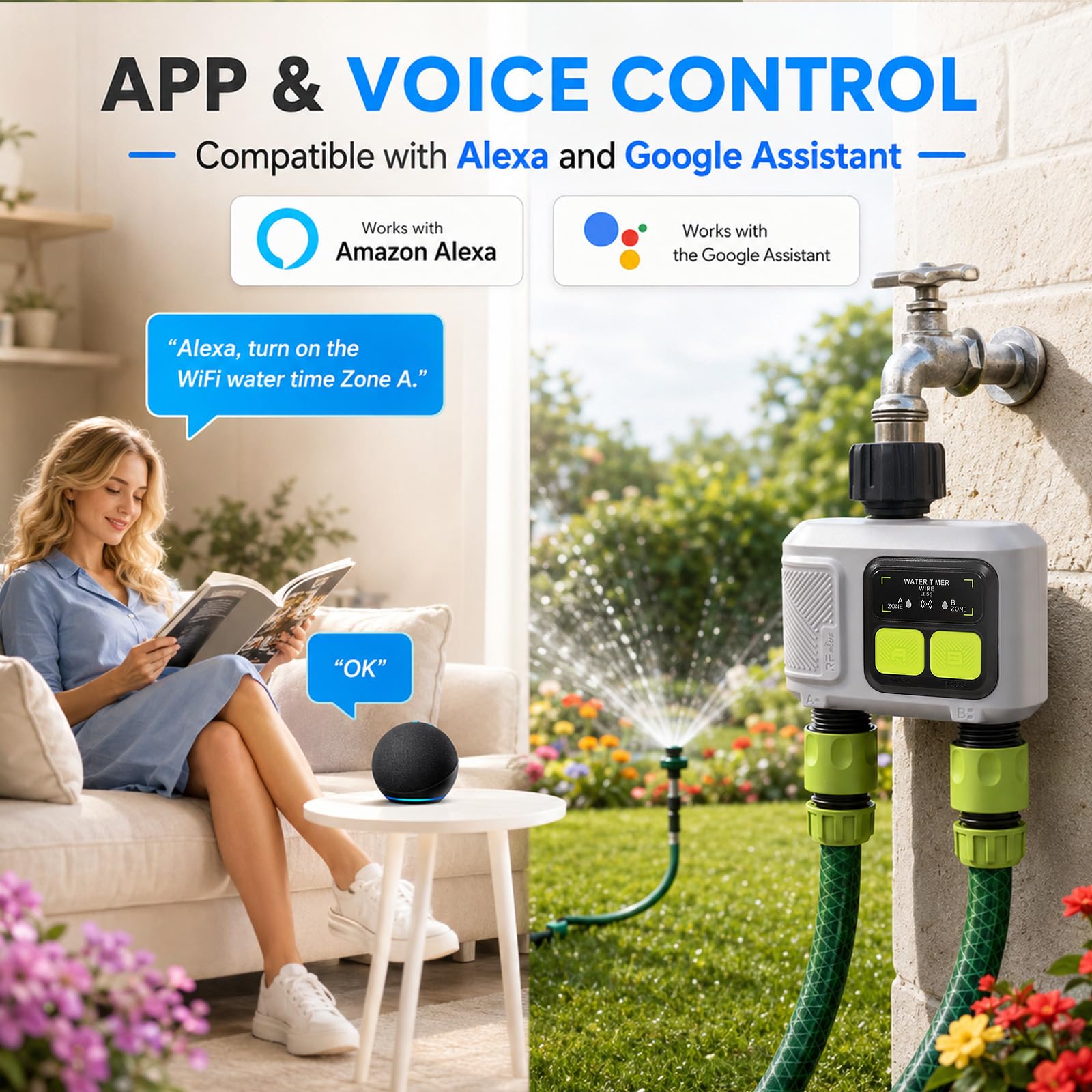 2 Voies Programmateur Arrosage WiFi Passerelle RF 300 Mètres, Minuteur Arrosage Automatique Permet Un Contrôle à Distance Via Application, Commande Vocale et le Mode Manuel, Fonction de retard pluie