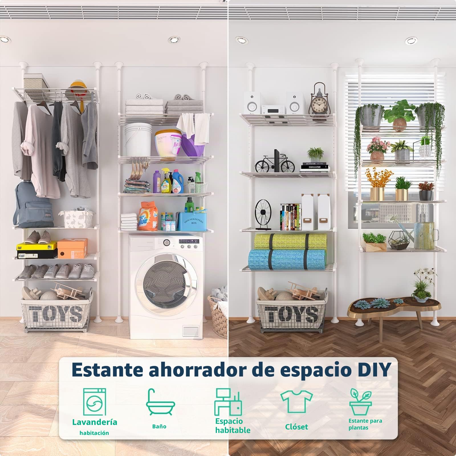 Estantería para inodoro con estantes ajustables de 4 niveles, ahorra espacio y barra doble tensora de pie, organizador de baño sin necesidad de