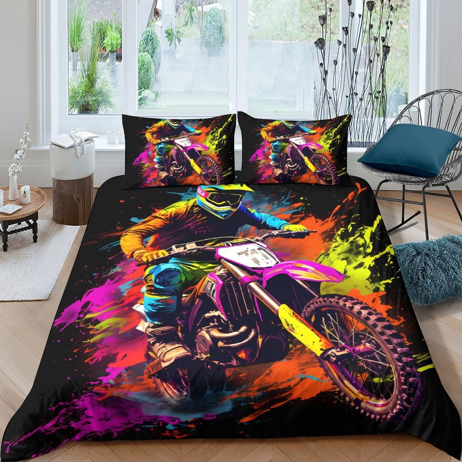 Ctjqhvkz Style-2 3D Printed Colorful Motocross Fitted Sheet Microfiber Soft Breathable Graffiti Bed Cover For Bedroom Dorm Decor Single（135X200cm）