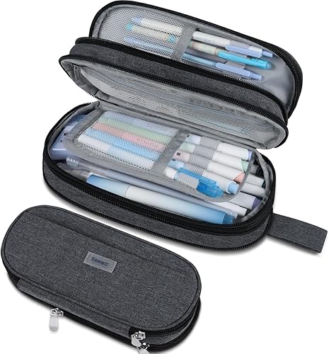 Miniatura 8 de Sooez Estuche grande para lápices, bolsa de lápices expandible con 5 compartimentos, organizador de lona de gran capacidad con cremallera, bolsa