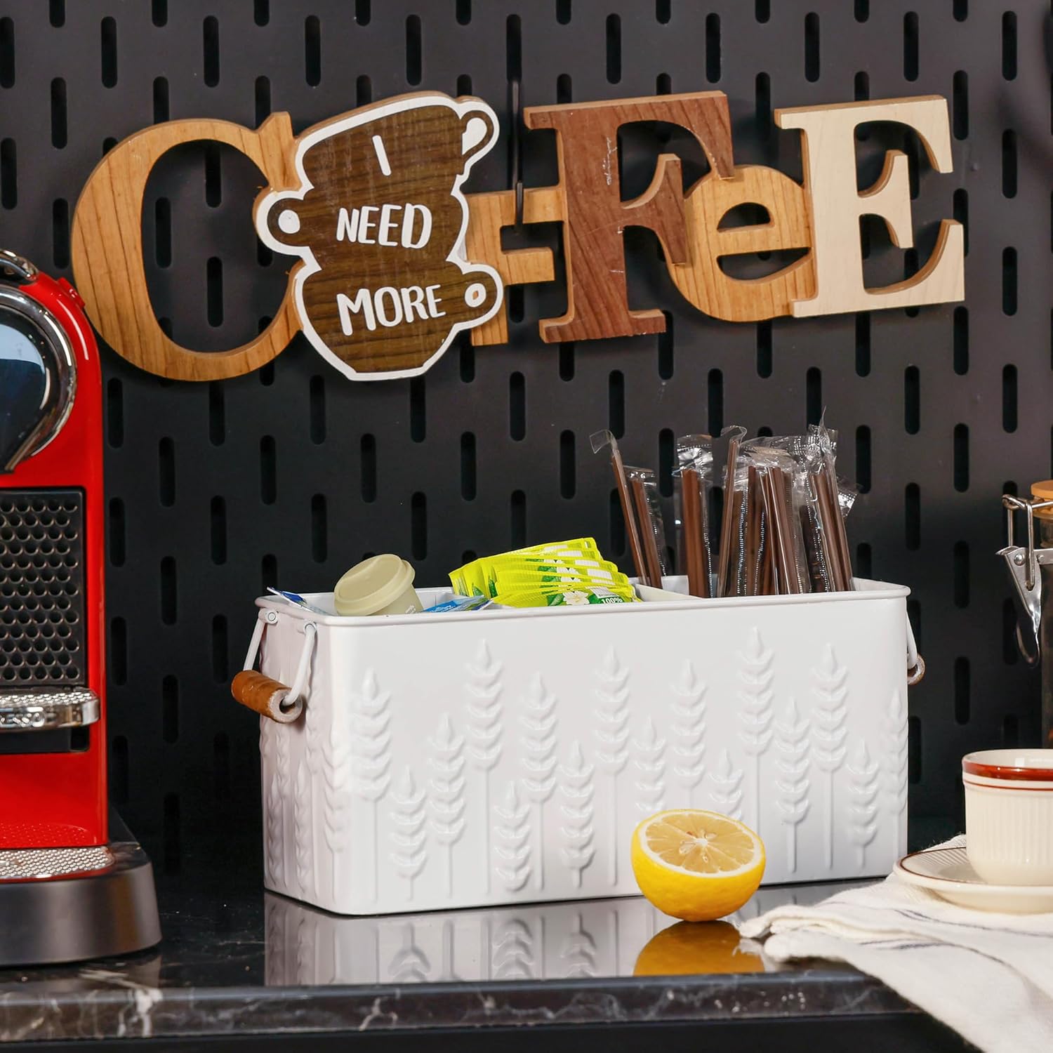 Silverware Caddy for Party Kitchen Flatware Holder for Countertop Metal White Ear of Wheat Pattern Embossed Cutlery Organizer with 3 Compartments for Utensils, Spoons, Knives, Forks