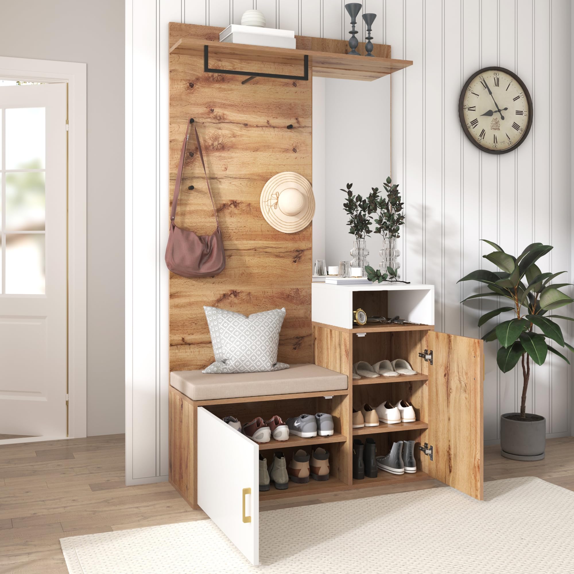 LAKFEW Juego de Perchero con Espejo, Perchero Zapatero con 4 Ganchos y 2 Puertas, Conjunto de Percheros Mueble Recibidor Entrada con Estante de Almacenamiento, 105x40x190.5 cm, Color Madera+Blanco