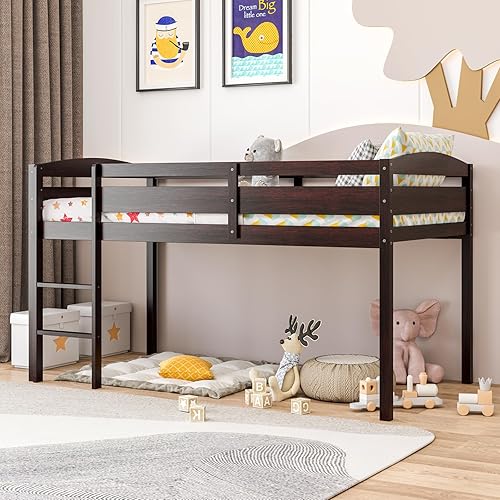 KOTEK Cama alta tamaño individual, cama baja de madera maciza para niños con escalera y rieles de protección, no necesita somier, marco de cama loft