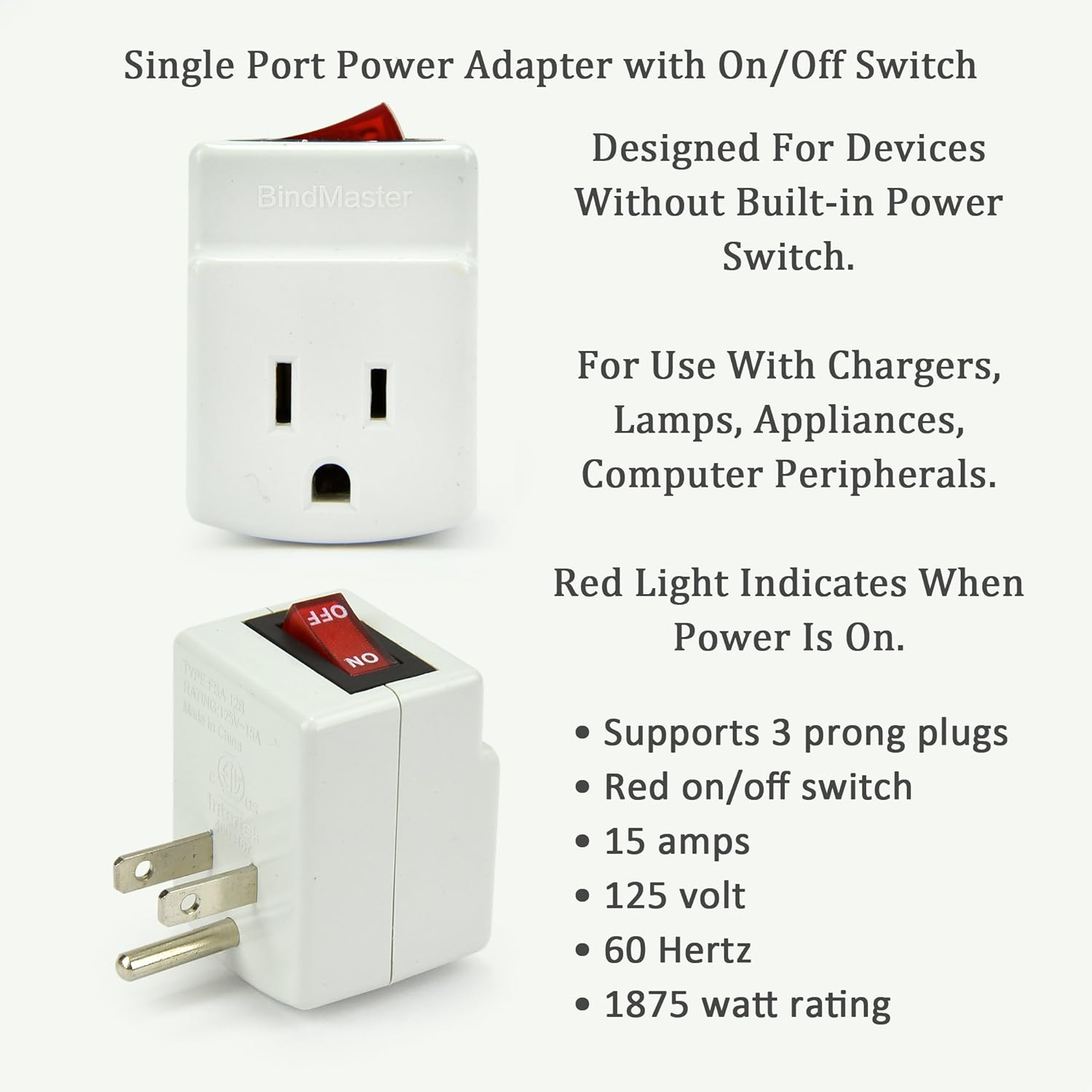 New! 3 Prong Grounded Single Port Power Adapter for Outlet with On/Off Switch to be Energy Saving with Indicator Light - 3 Pack……
