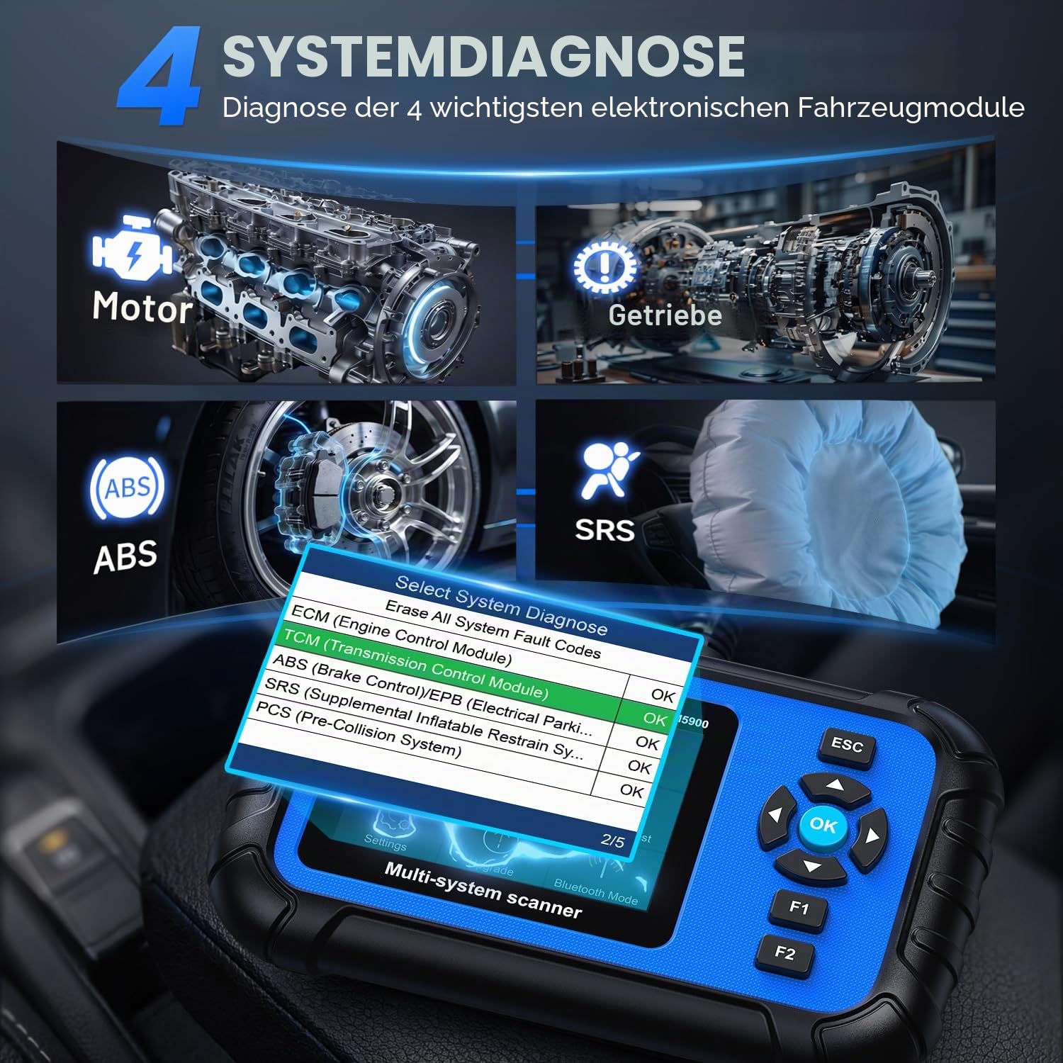 AUTOPHIX 4 Systeme Auto Diagnosegerät für ABS, SRS, Getriebe & Motor, 3 in 1 Bluetooth OBD2 Scanner, 12V Autobatterietester, KFZ Diagnosegerät mit Voller OBD2 Funktion
