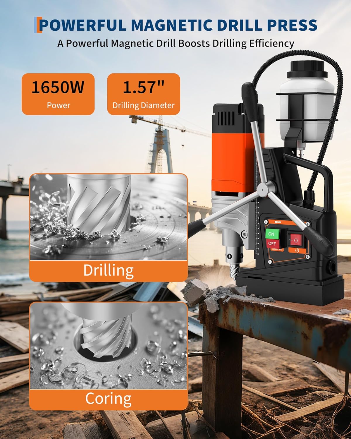 Magnetic Drill, 1650W 1.57" Boring Diameter, 2922Lbf Power Portable Mag Drill, 810 PRM, Electric Drilling Machine for Metal Surface, Industrial and Home Improvement