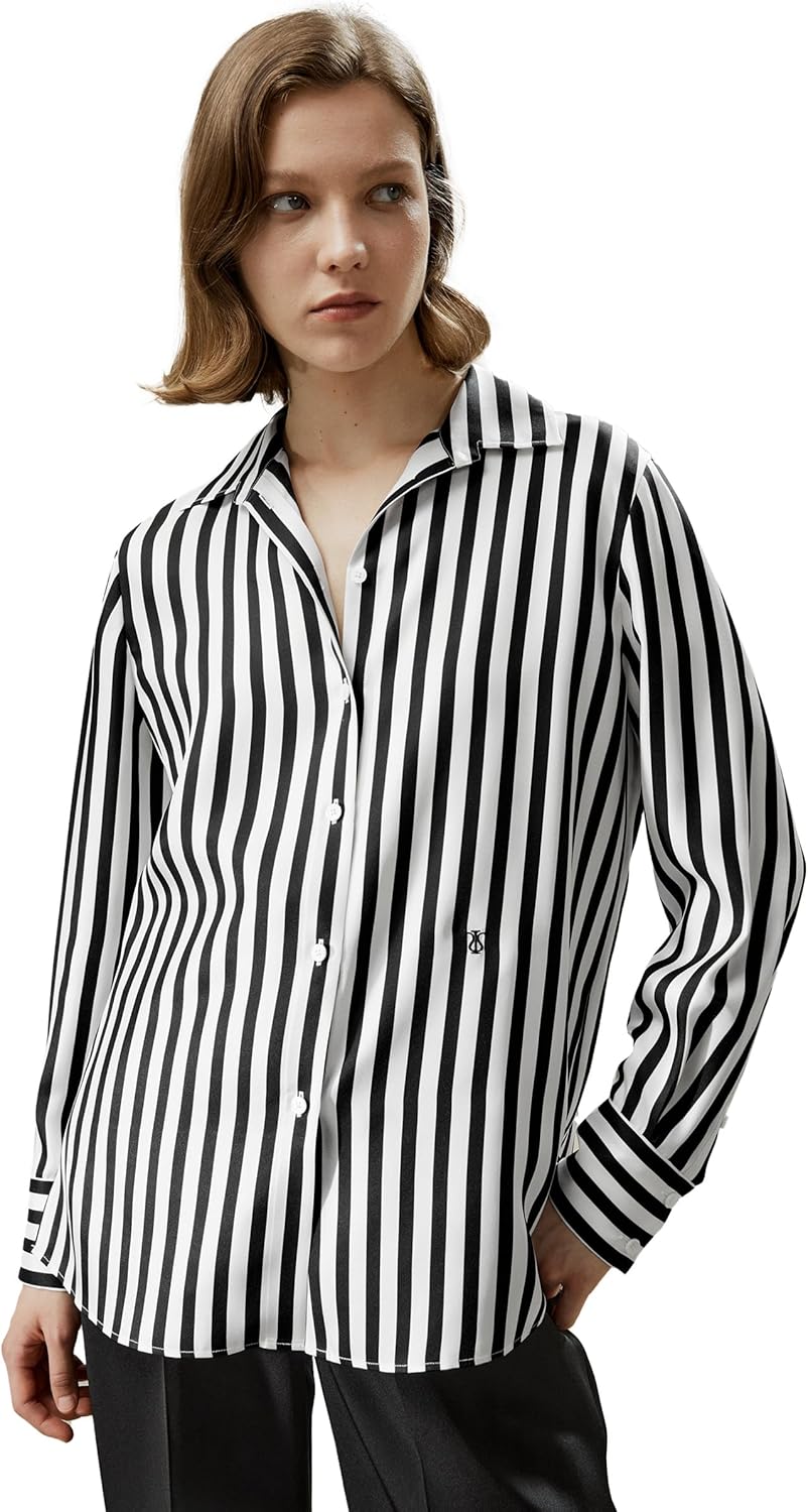 LilySilk Womens 100% Silk Shirt Ladies Blue White Pinstripes Blouse with V Neck and Long Sleeve Work Casual All Season
