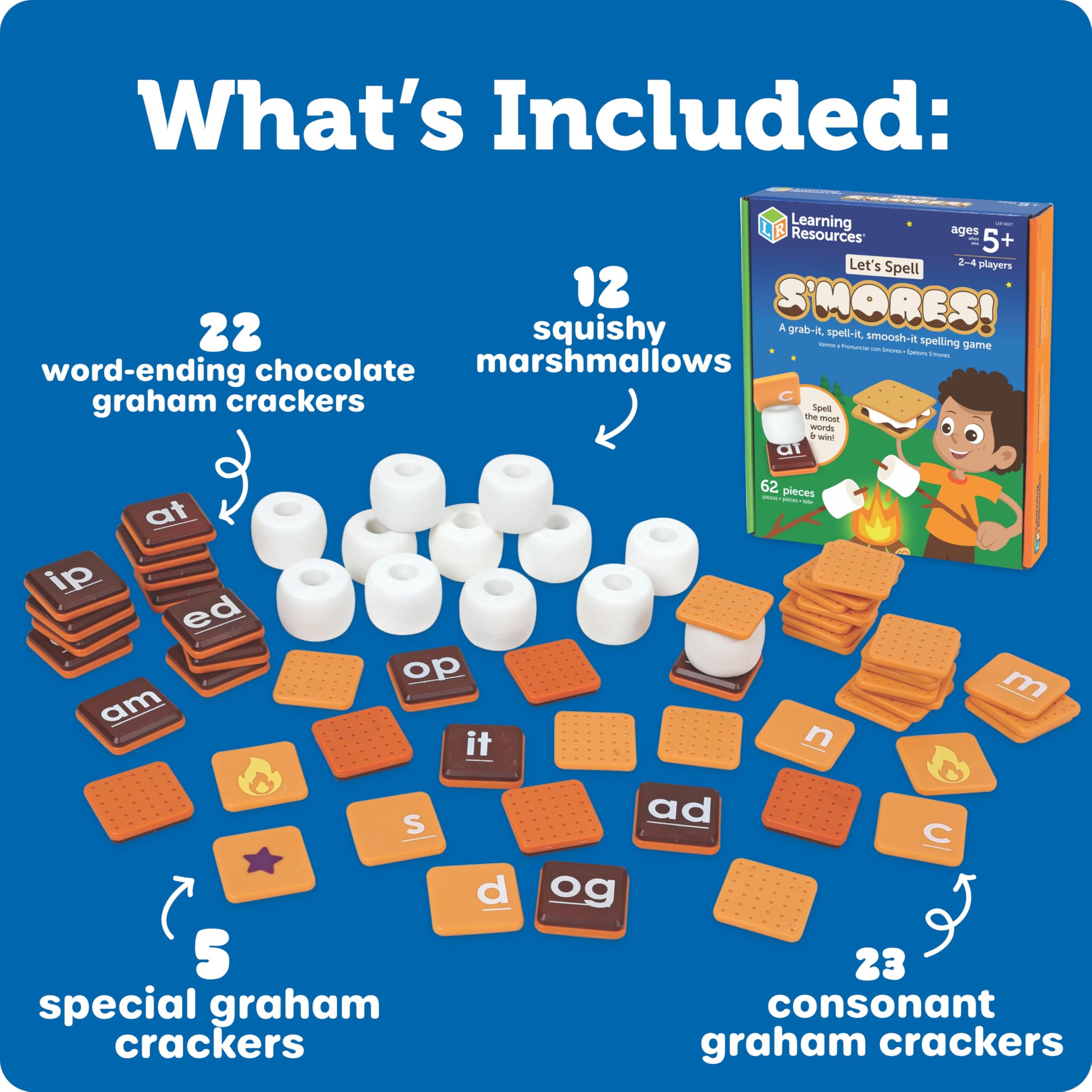 Learning Resources Let's Spell S'Mores!, Alfabeto Flash Card, giochi di parole, imparare a leggere, Strumenti per la dislessia per bambini, età 5+, 62 pezzi