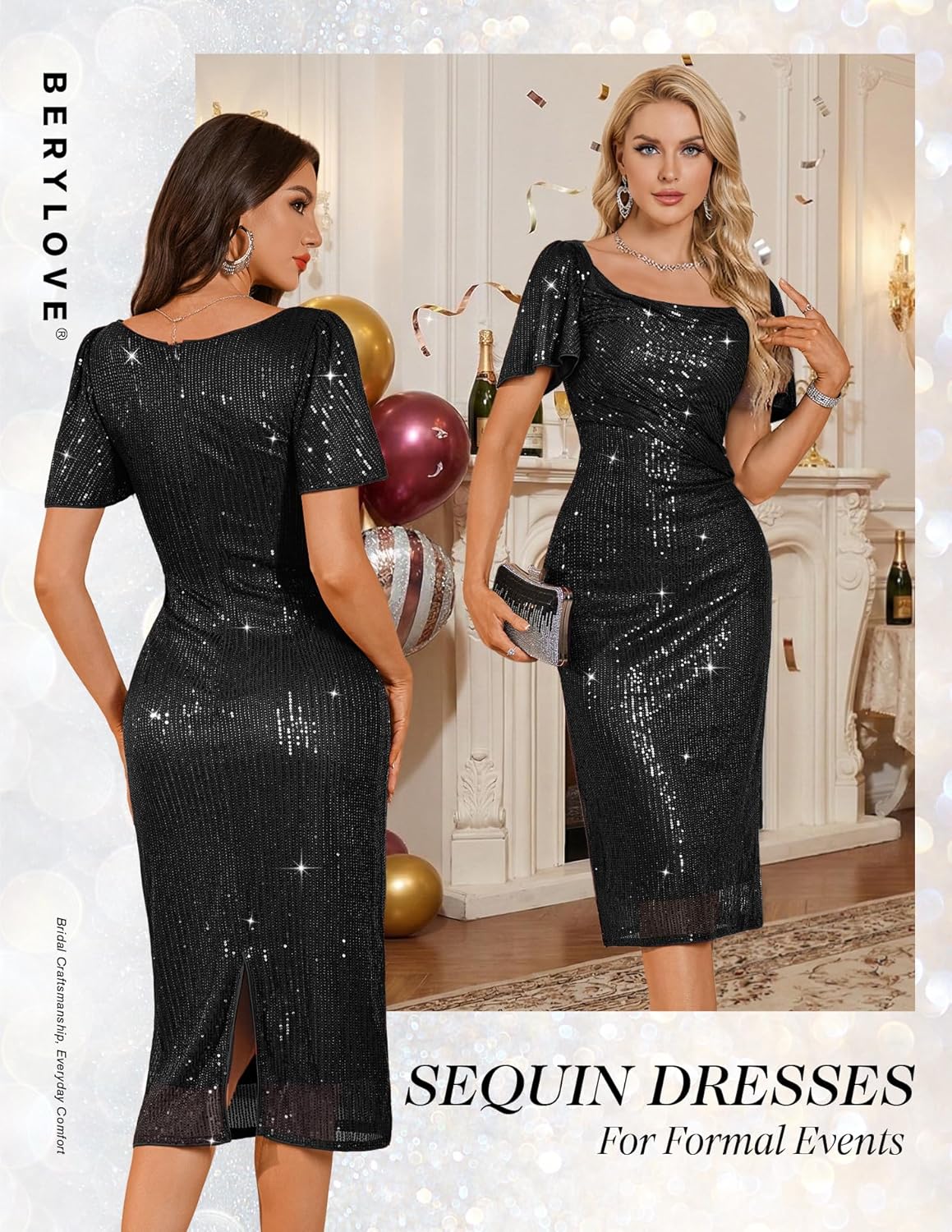 BeryLove Women Sequin Formal Cocktail Party Dresses Prom Bodycon Dress - Image 4