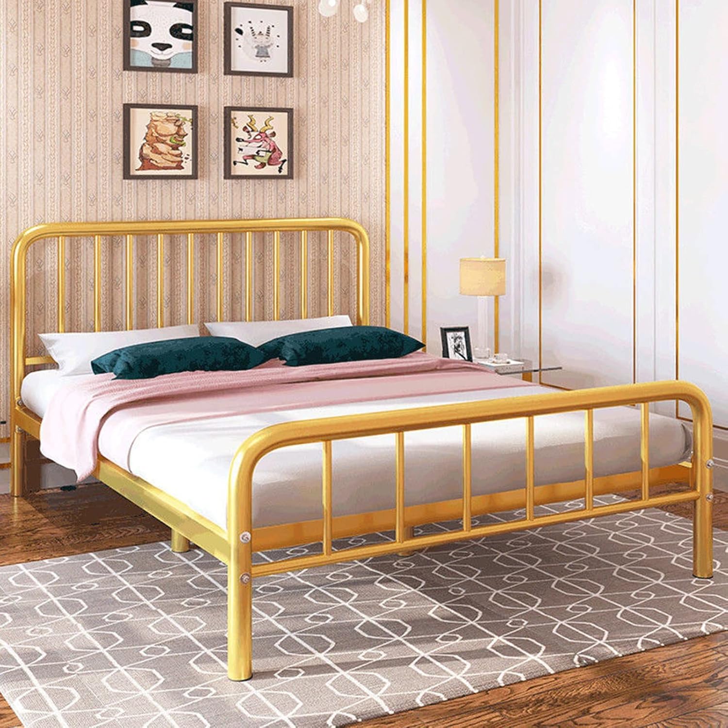 Mattress Foundation, Bed e with Steel Slat Support, No Box Spring Needed, Noise Free, Underbed Storage Space, Easy Assembly (Color : Black, Size : 1.22m) (Gold 1.5 * 2m)